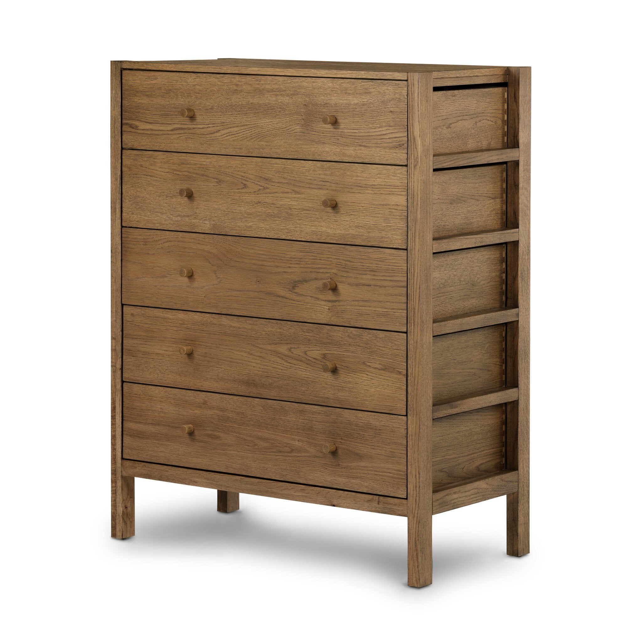 Wooden dresser with multiple drawers on a white background