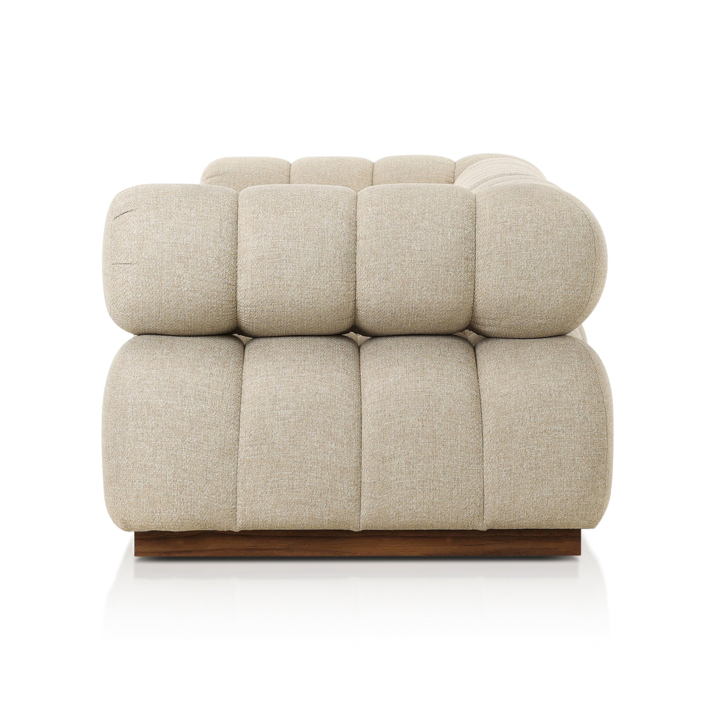Beige cushioned outdoor sofawith a wooden base on a white background