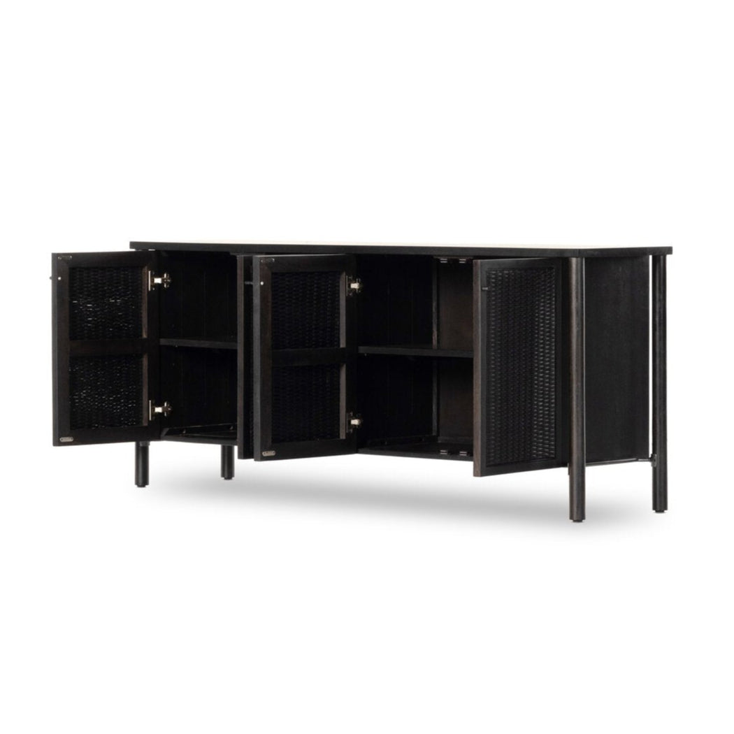 Black metal cabinet with open doors