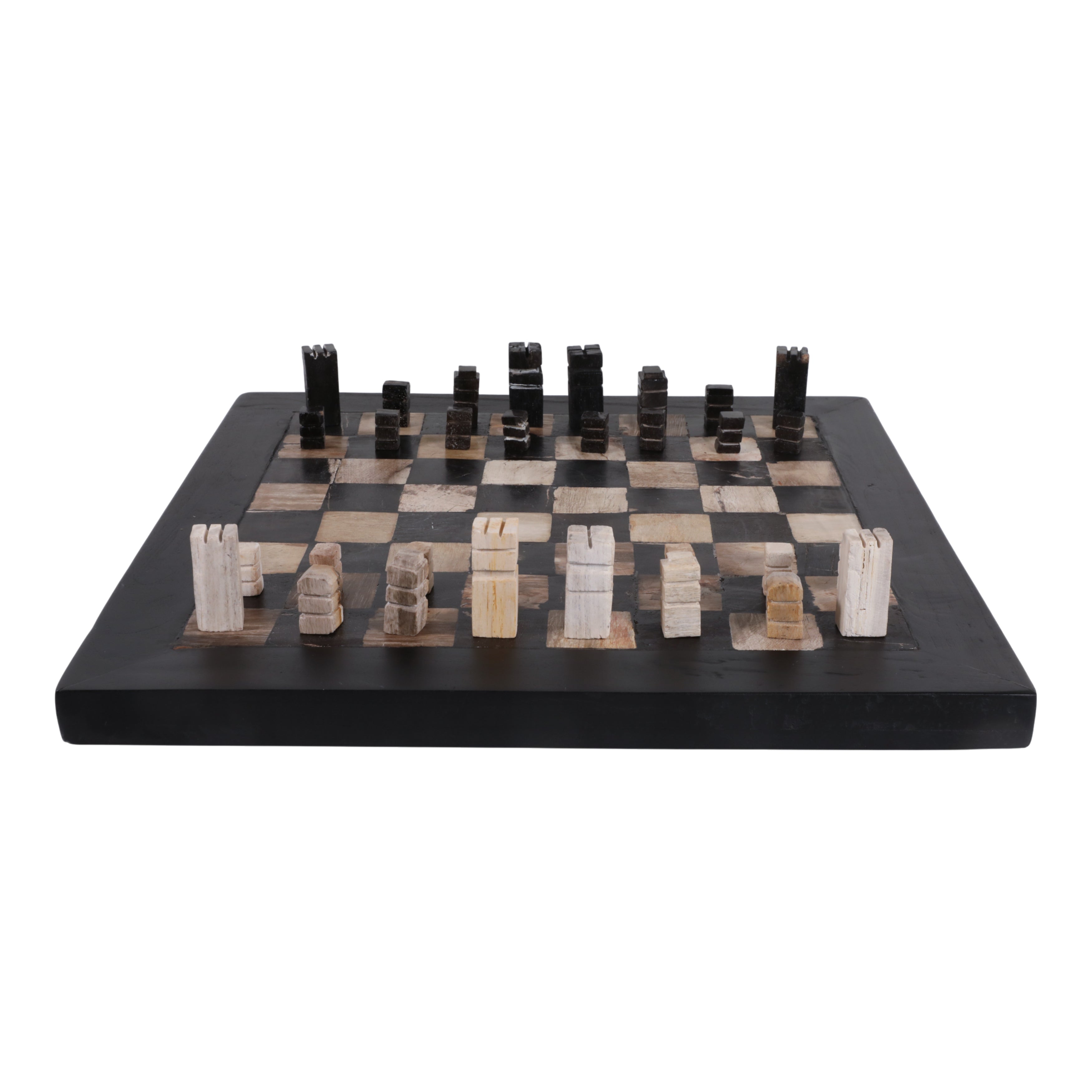 Wooden chess set with black and white pieces on a checkered board