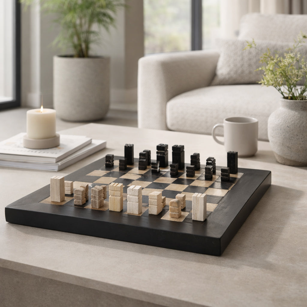 Wooden chessboard with pieces on a coffee table in a living room setting