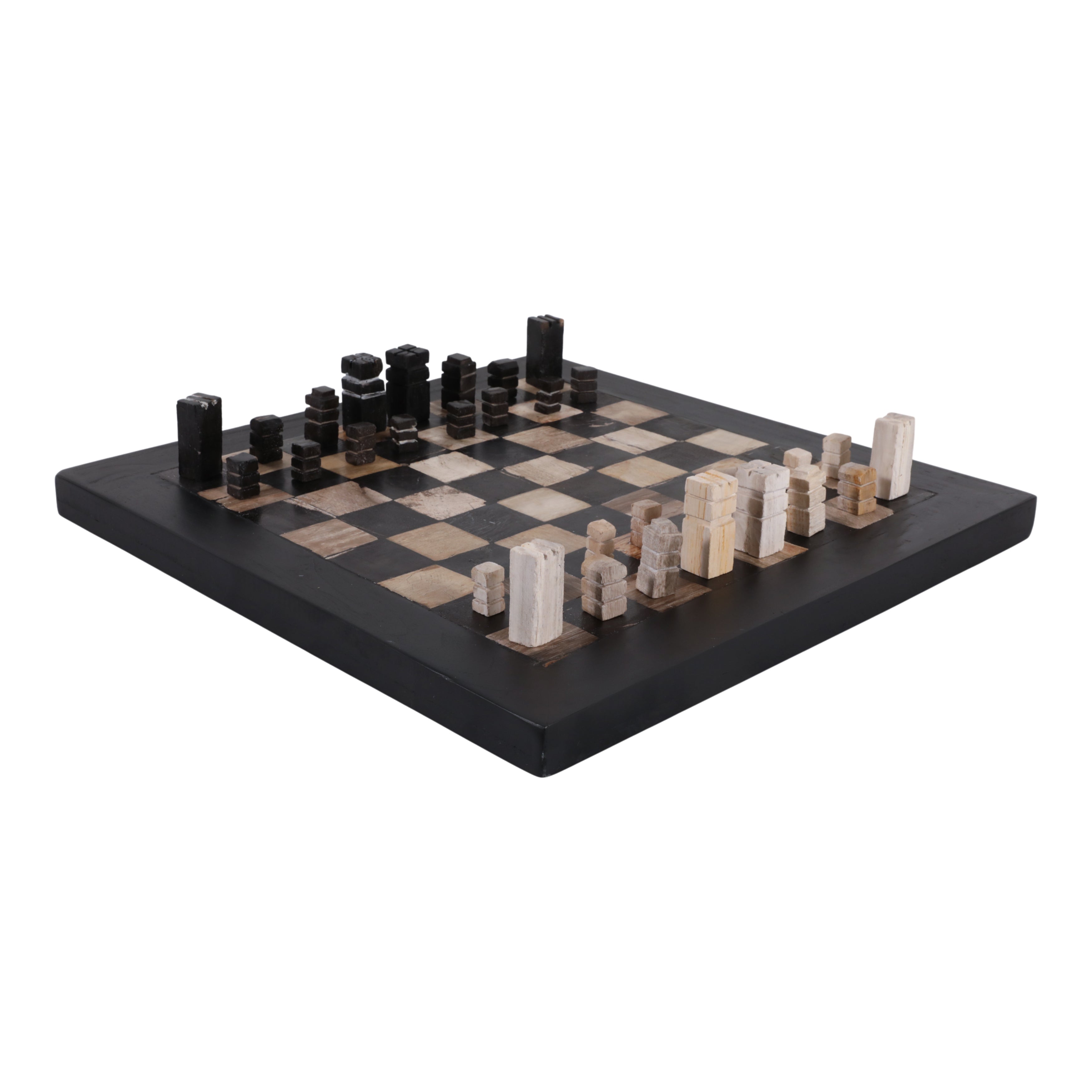 Black and white chessboard with wooden pieces on a white background