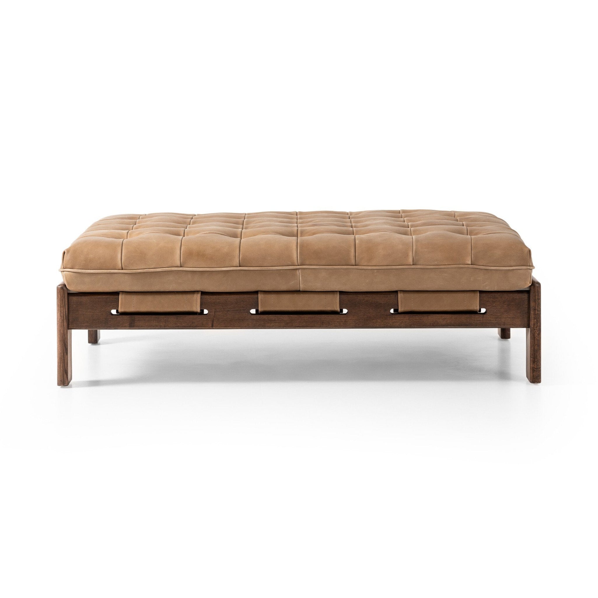 Brown leather bench with wooden frame on a white background