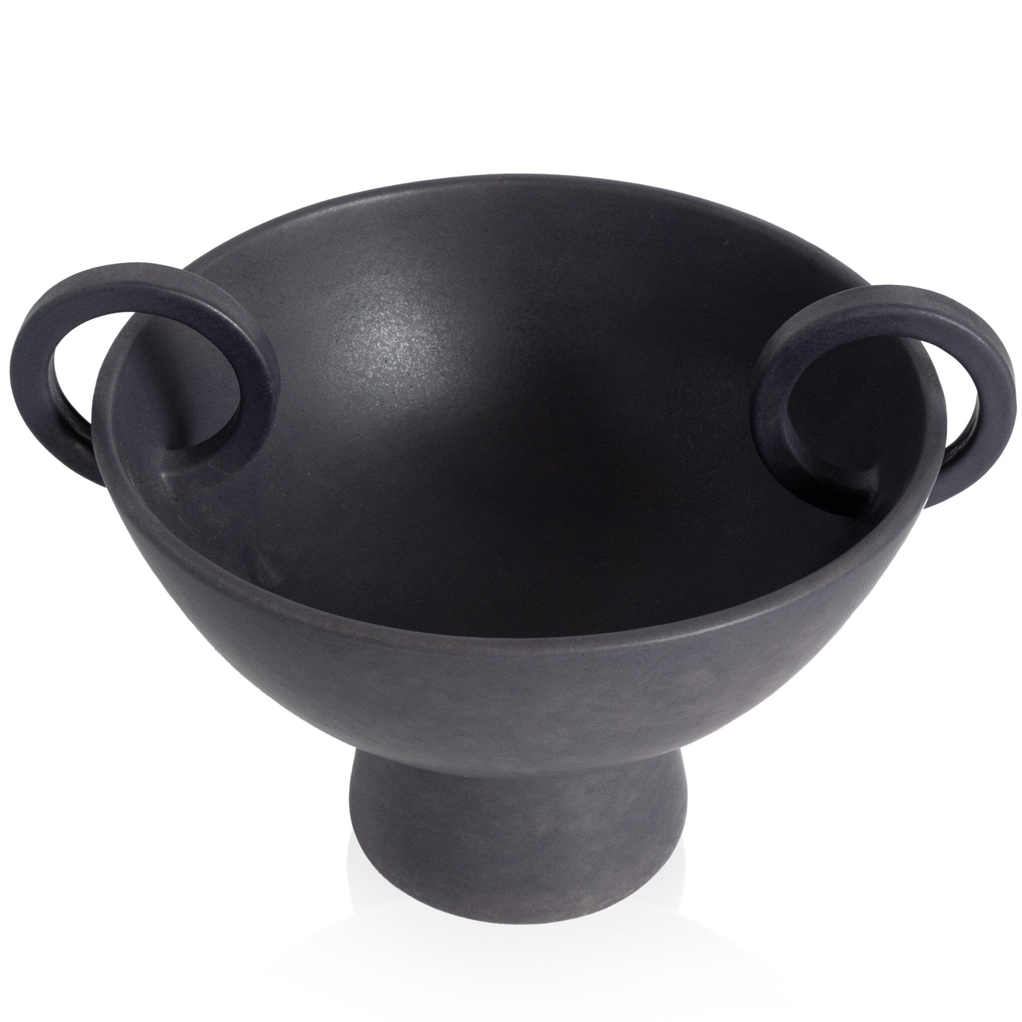 Black ceramic bowl with two handles on a white background