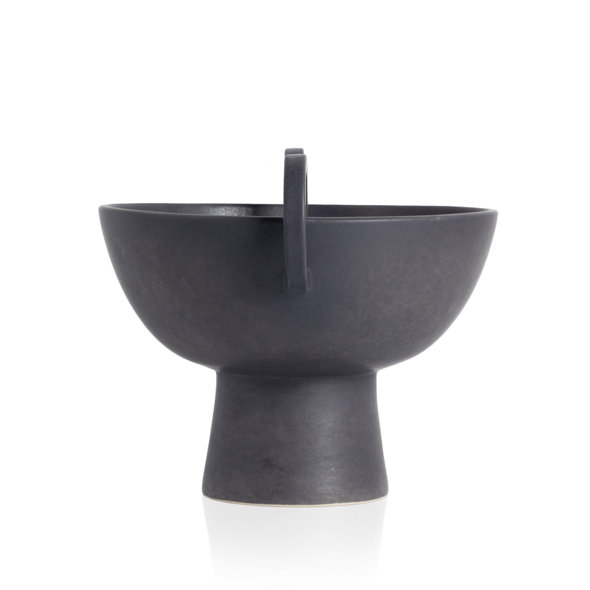 Black ceramic planter with handle on a white background