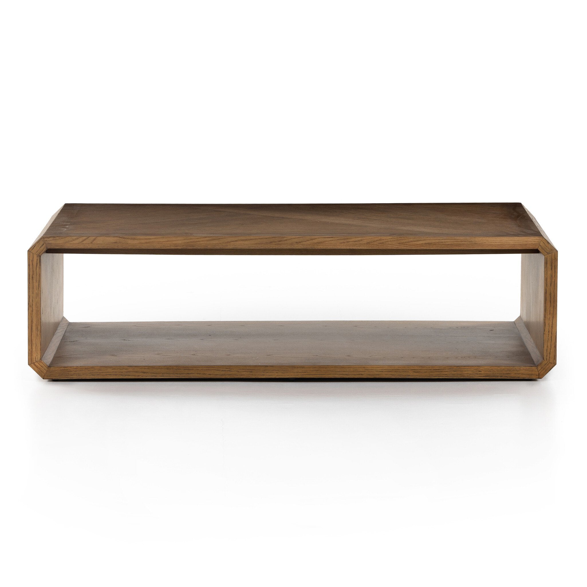 Wooden coffee table with shelf on a white background