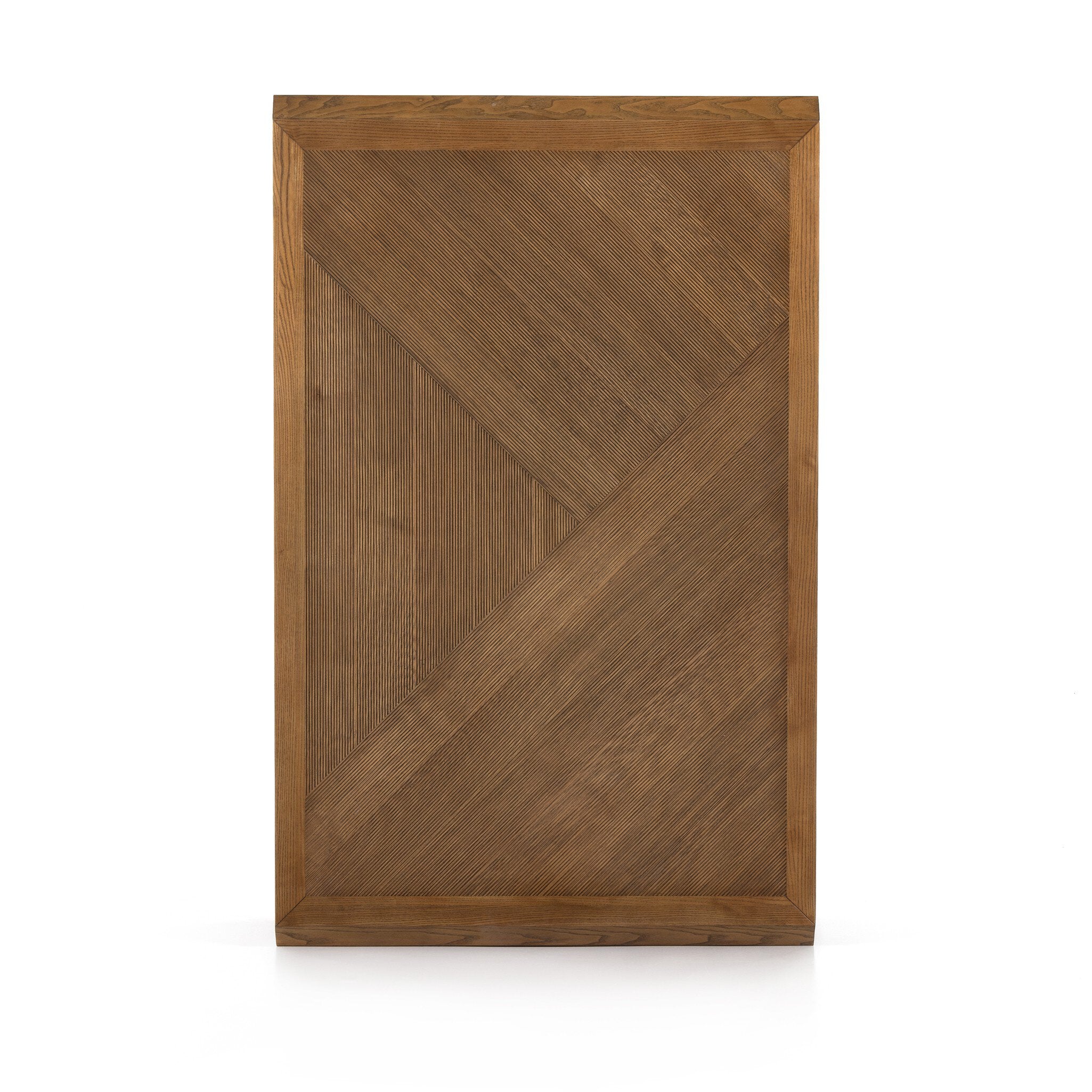 Top view of a wooden side table made from resawn veneer on a white background