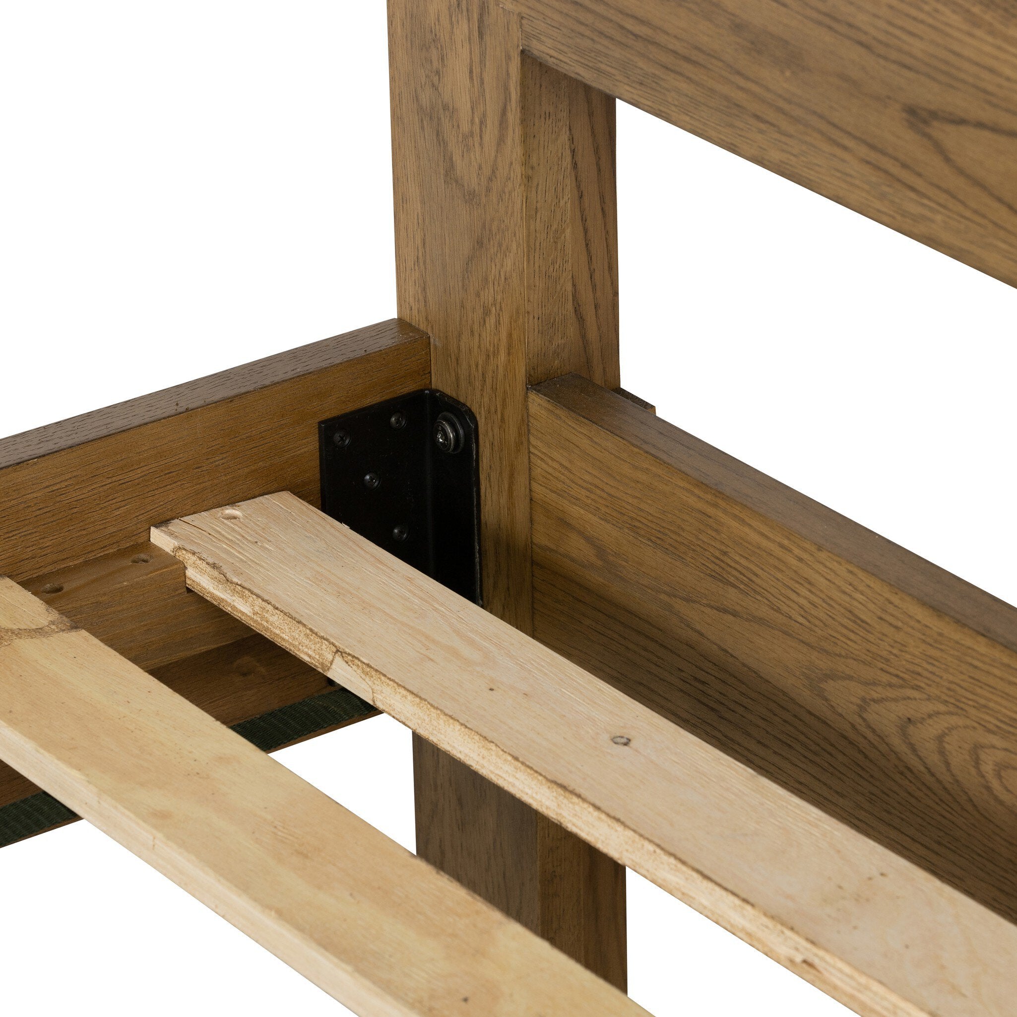 Wooden chair frame with a metal bracket