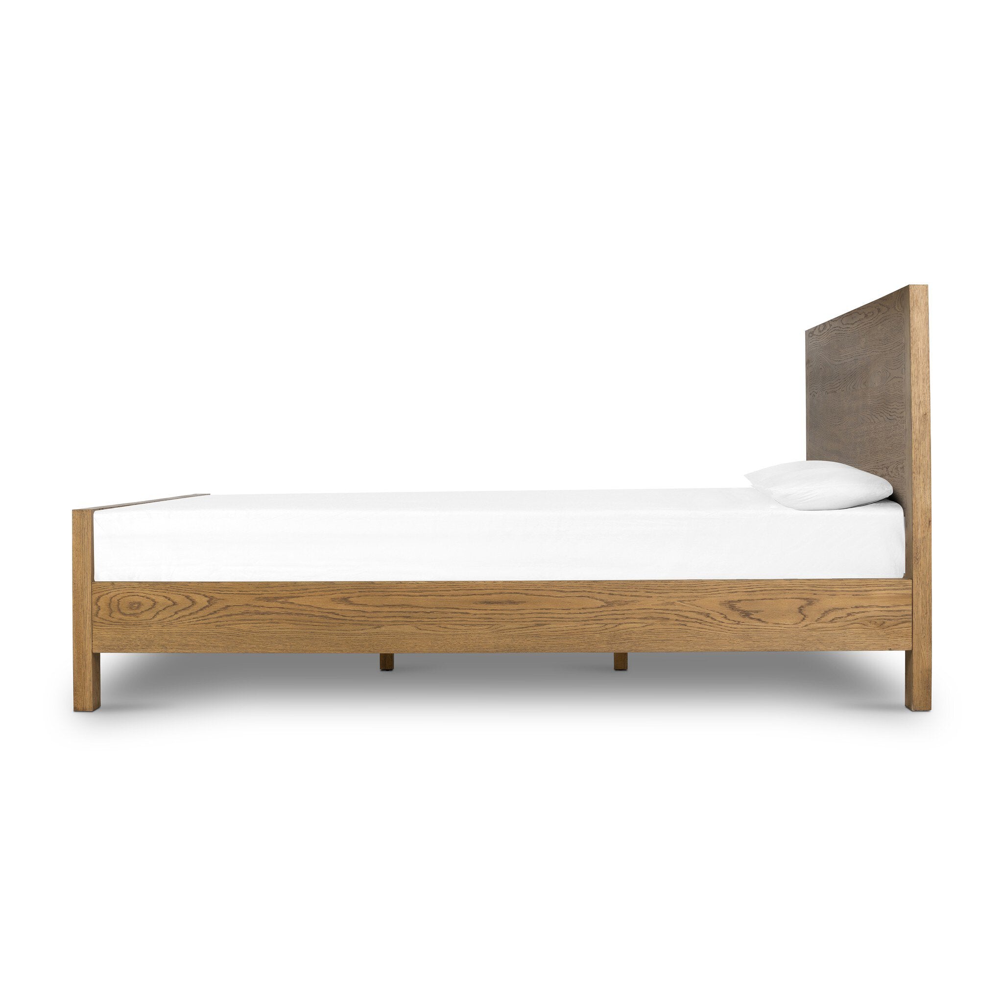 Wooden bed frame with white mattress