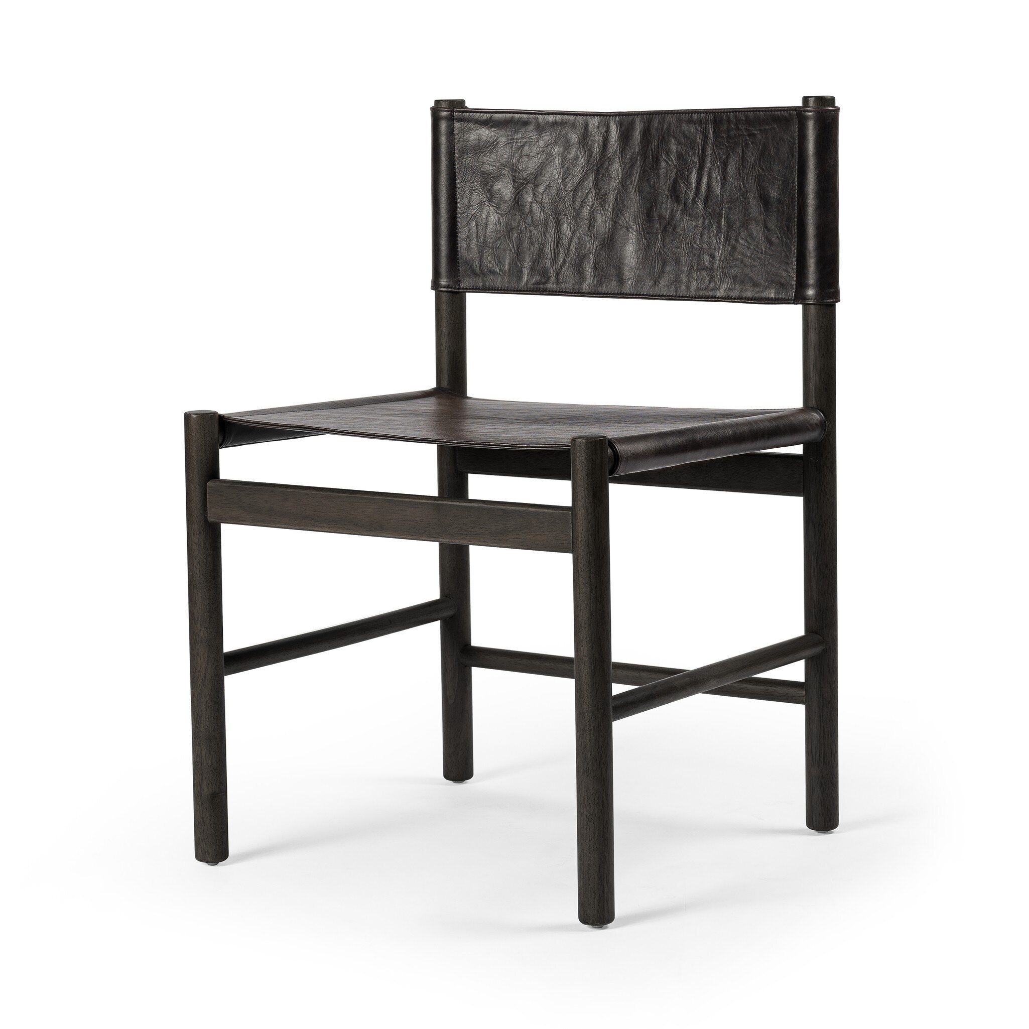Black leather dining chair on a white background