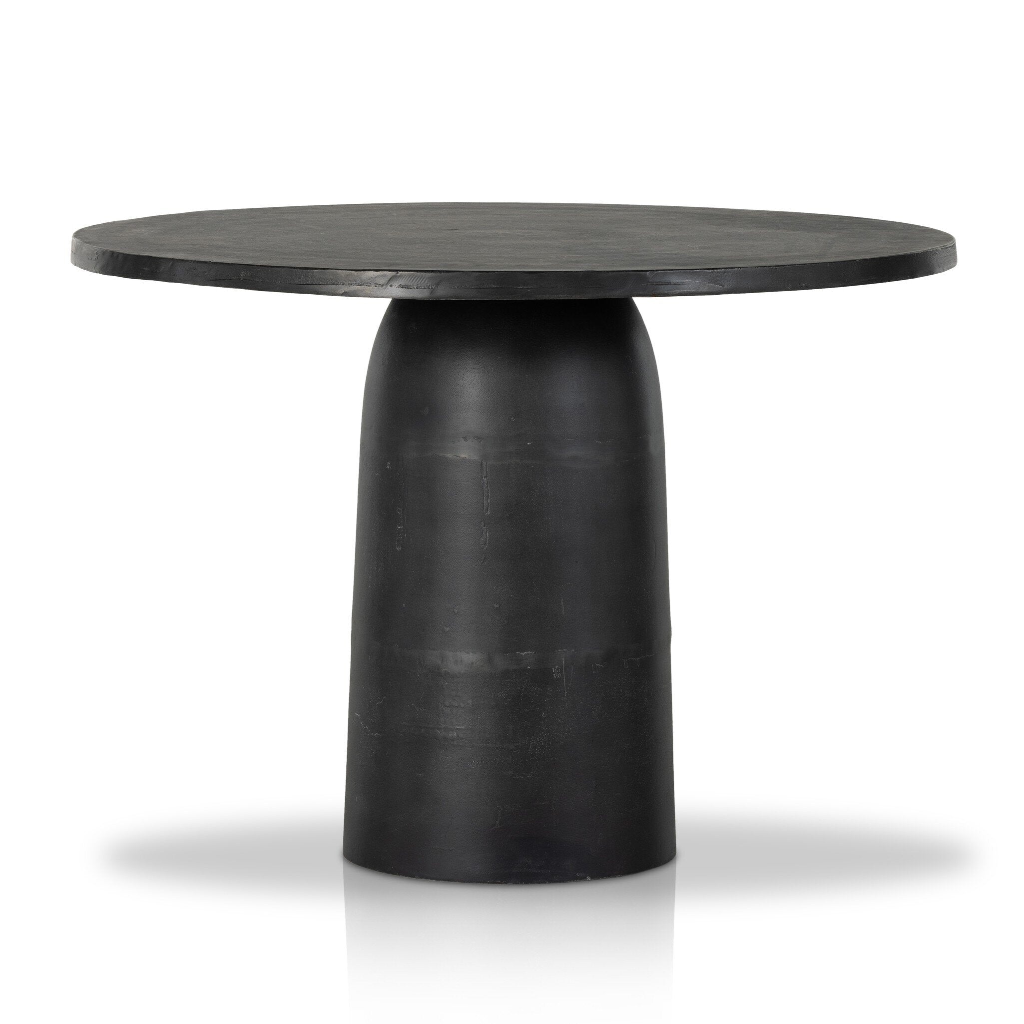 Black round outdoor dining table with a cylindrical base on a white background