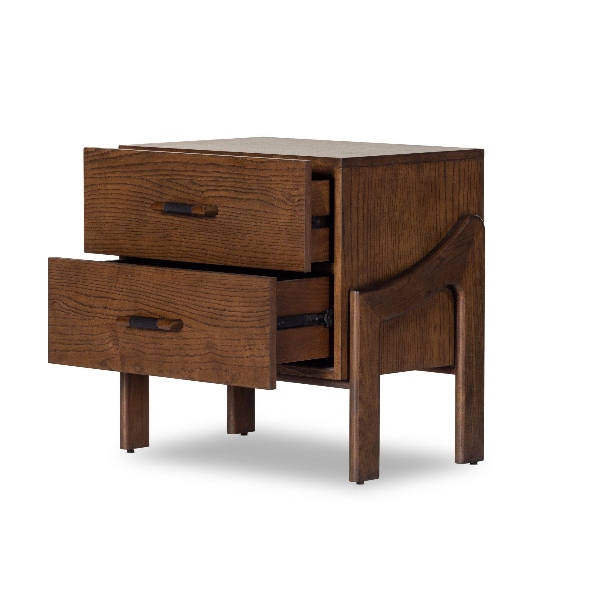 Wooden nightstand with two drawers on a white background
