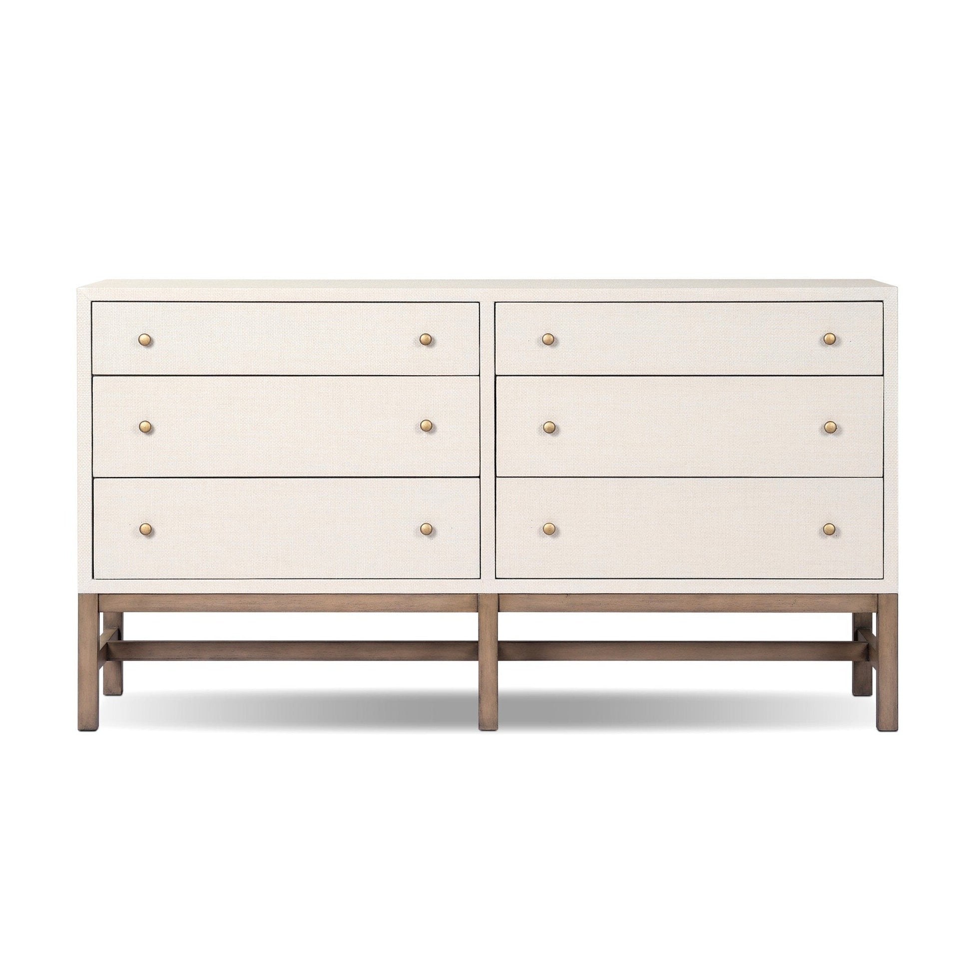 White dresser with gold knobs on a white background