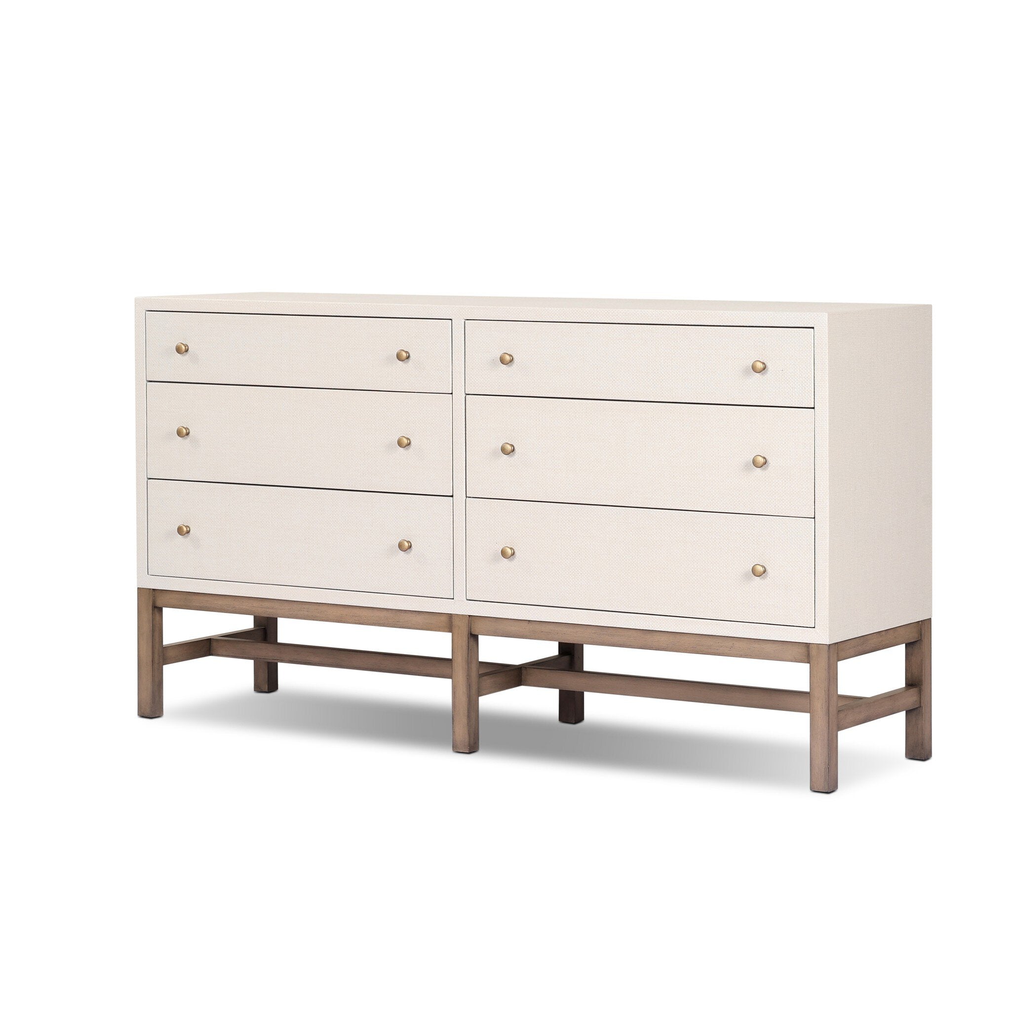 White dresser with wooden legs on a white background