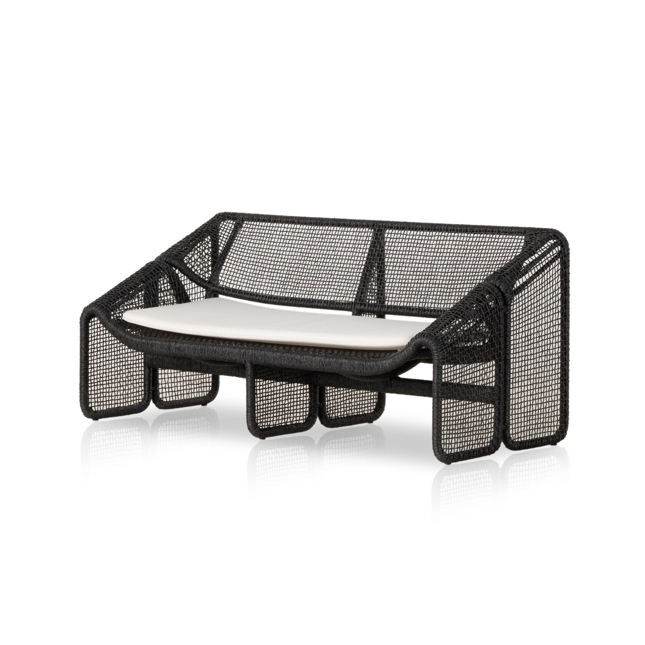 Modern outdoor black wicker sofa with a beige seat cushion