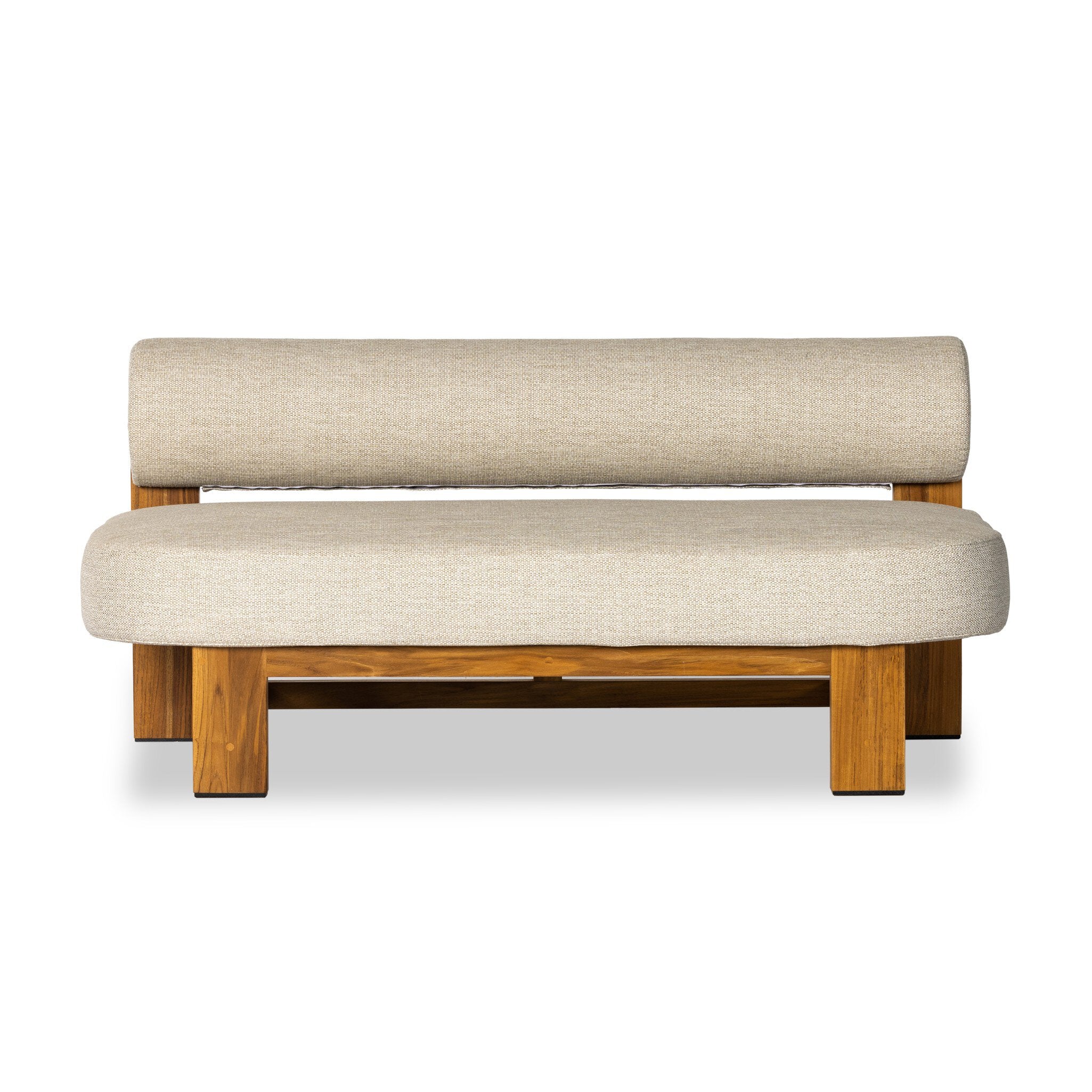 Beige fabric bench with wooden frame on a white background