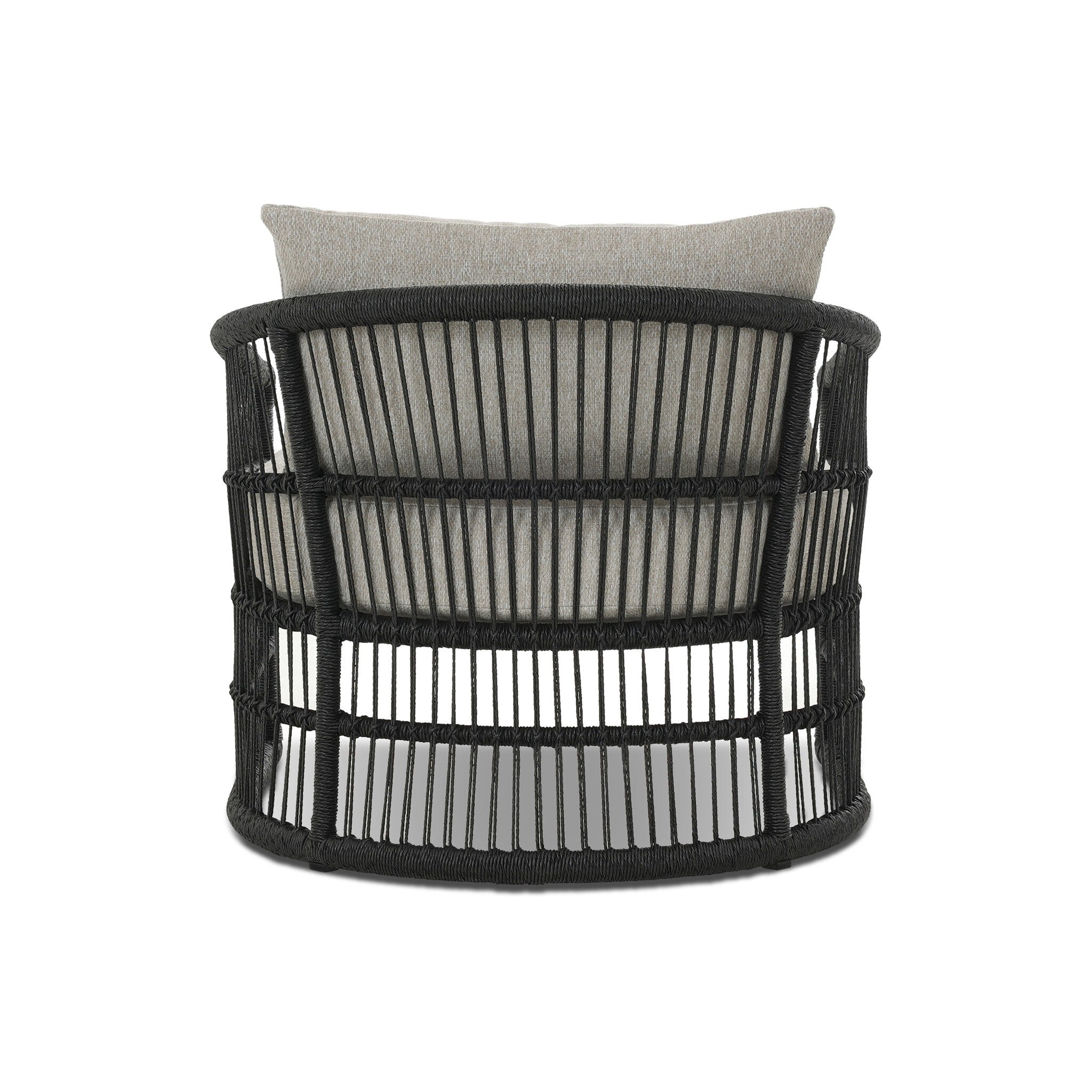 Black woven chair with a gray cushion on a white background