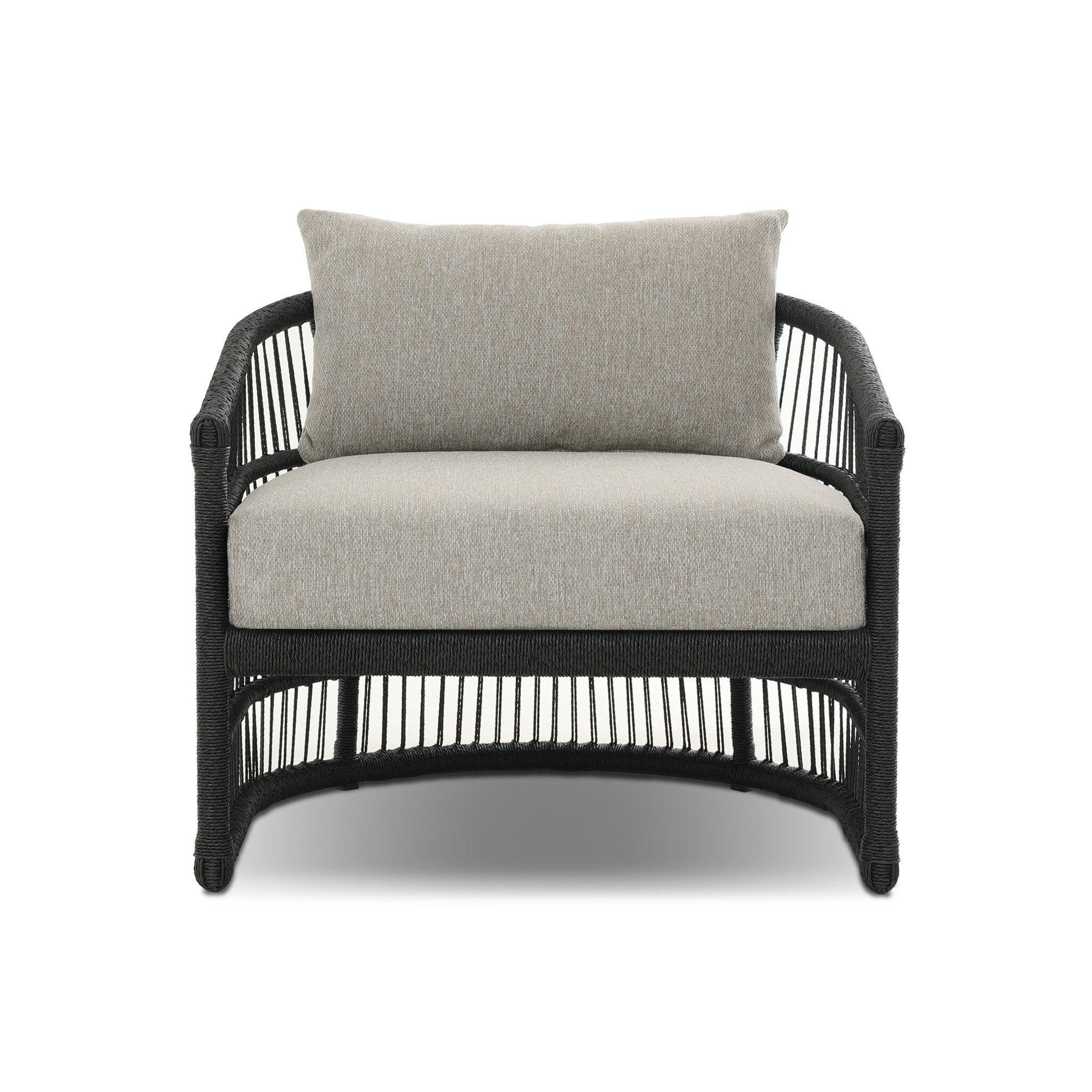 Outdoor chair with black frame and gray cushion on a white background