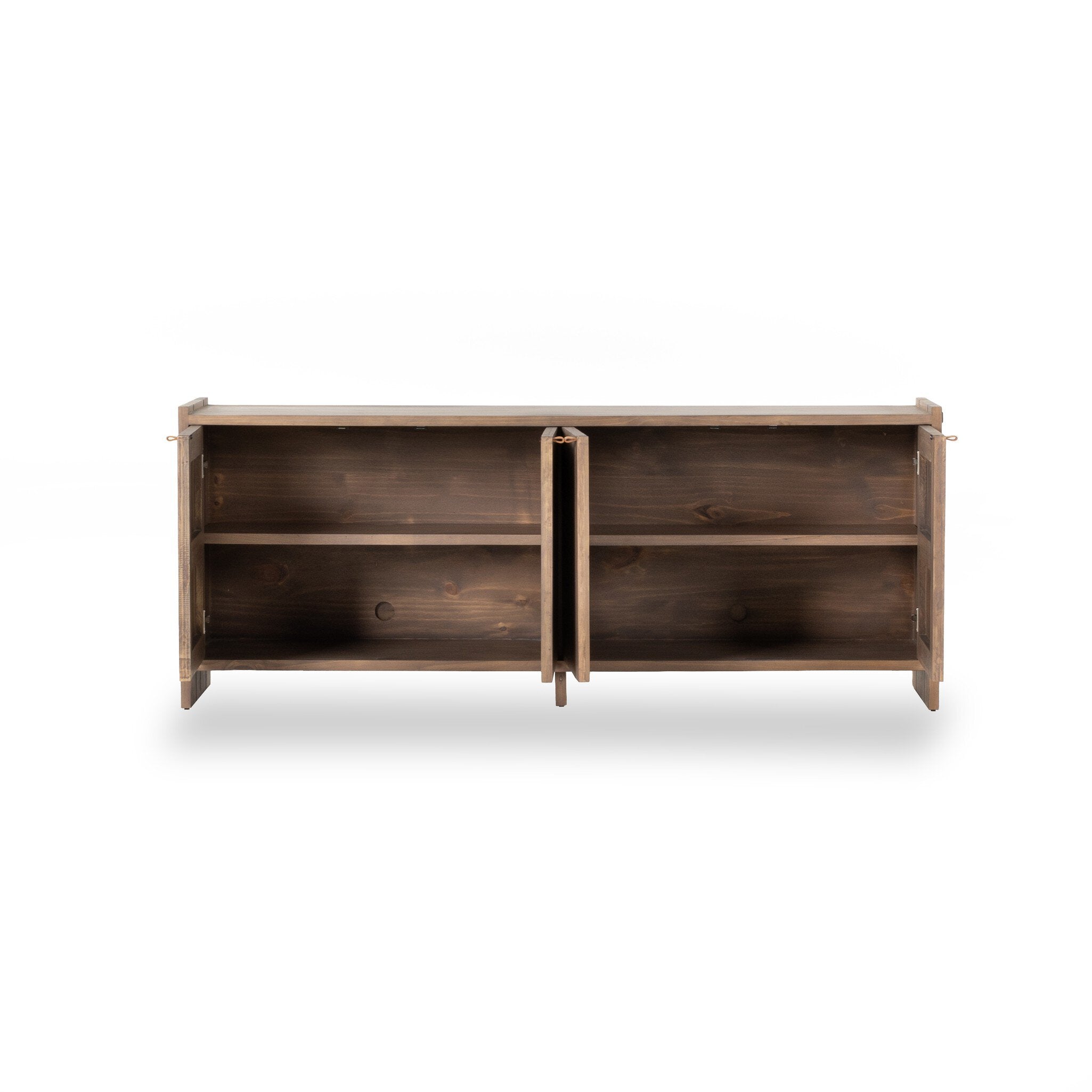 Wooden sideboard with two open shelves on a white background