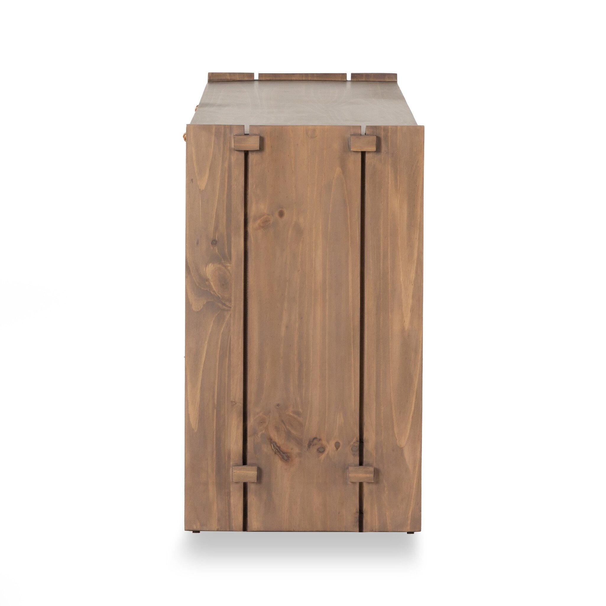 Wooden cabinet with a white countertop on a white background