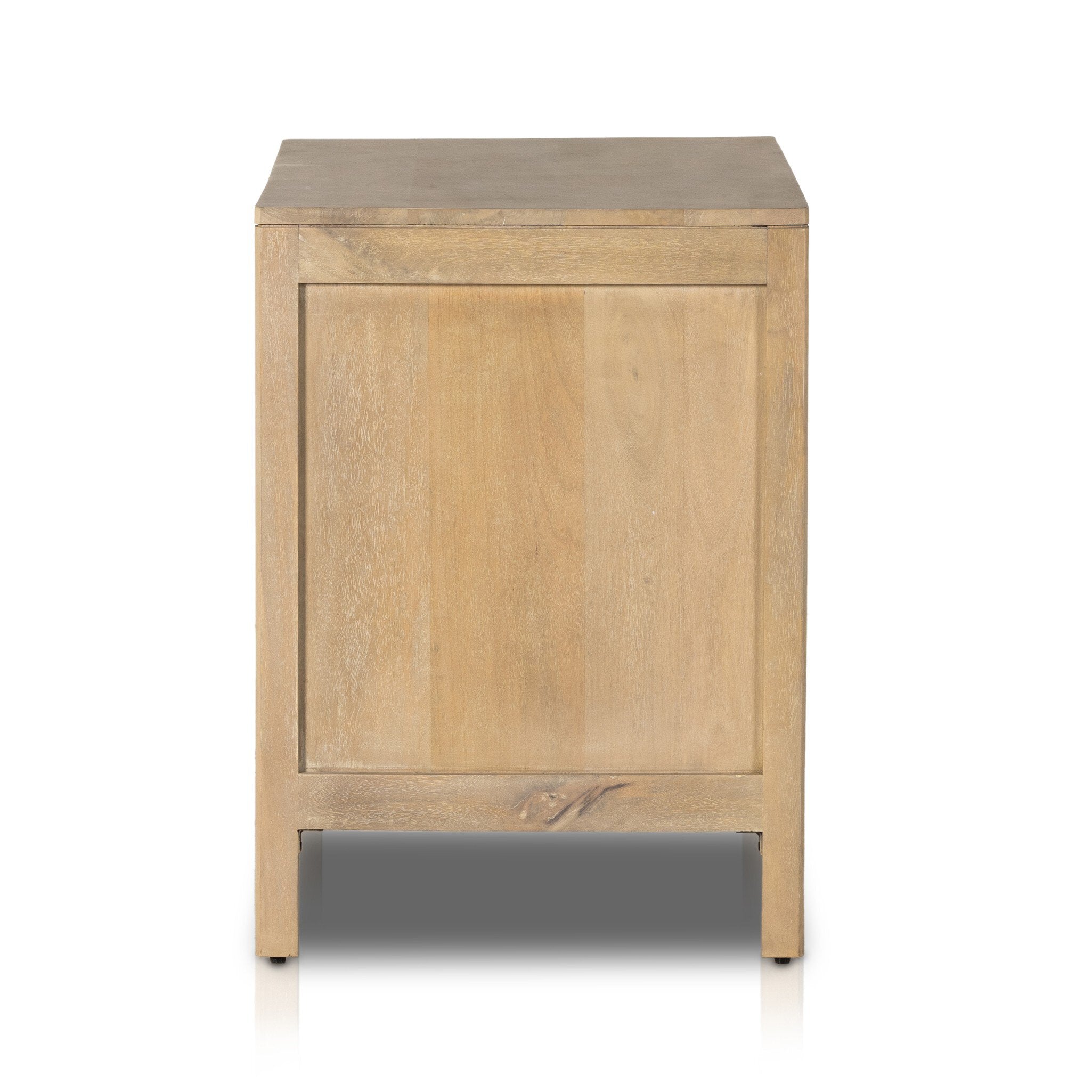 Wooden side table with a single door on a white background