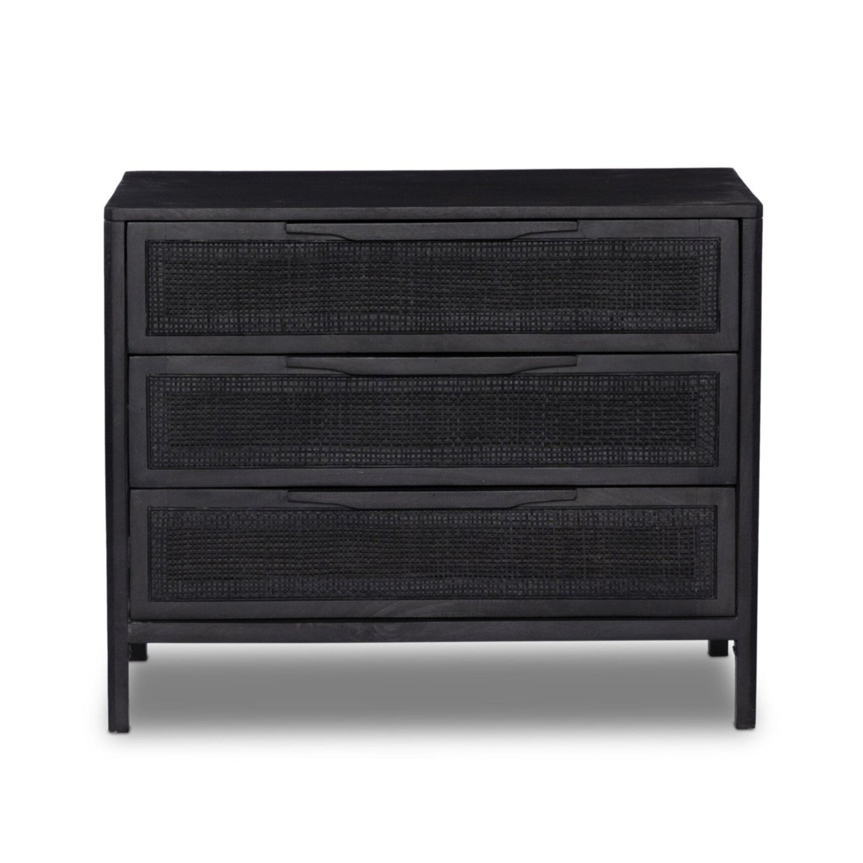 Black three-drawer dresser with woven texture on a white background