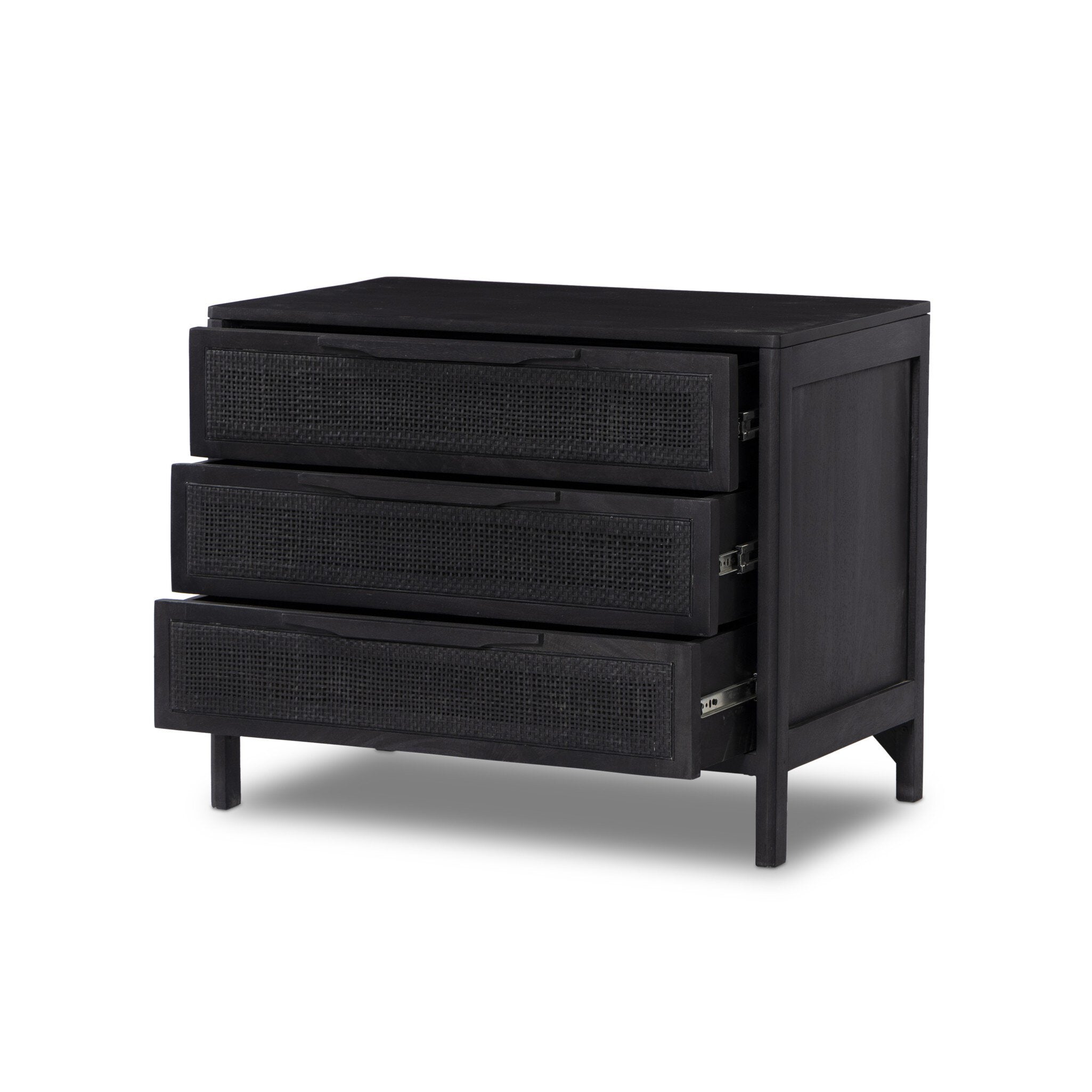 Black dresser with three drawers on a white background