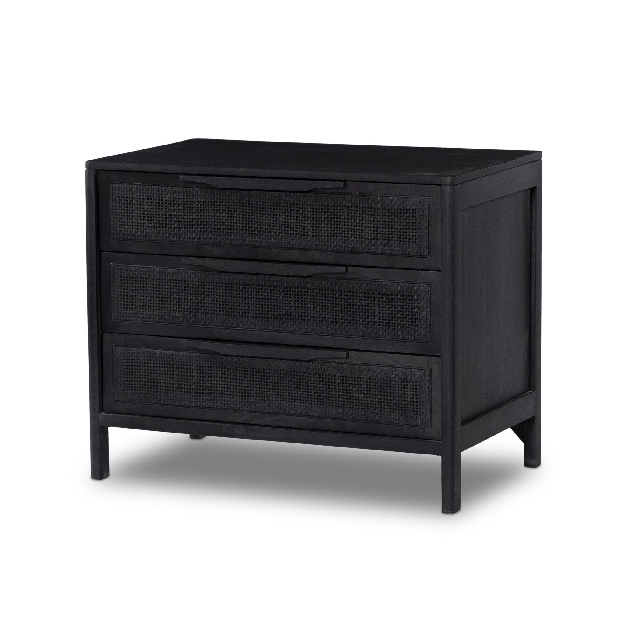 Black dresser with woven drawer fronts on a white background