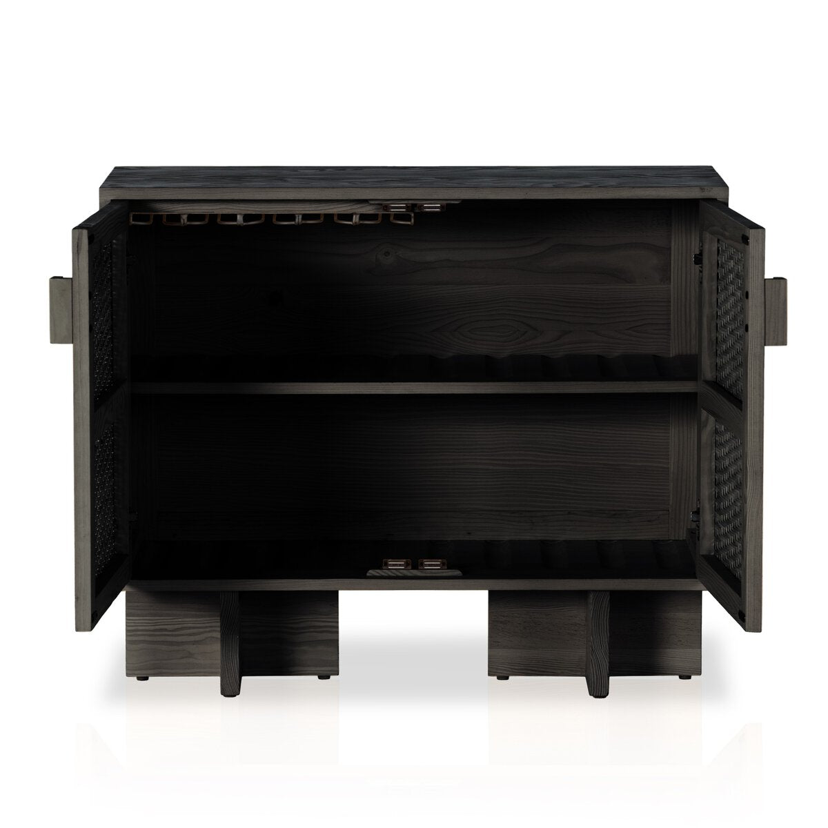 Dark wooden cabinet with open doors