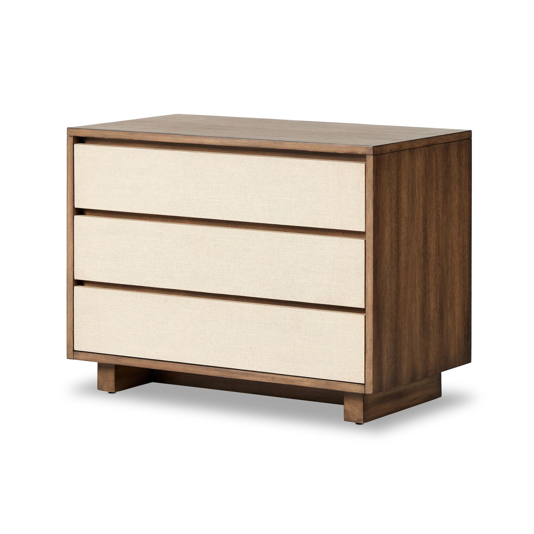 Wooden dresser with two beige drawers and a brown frame on a white background