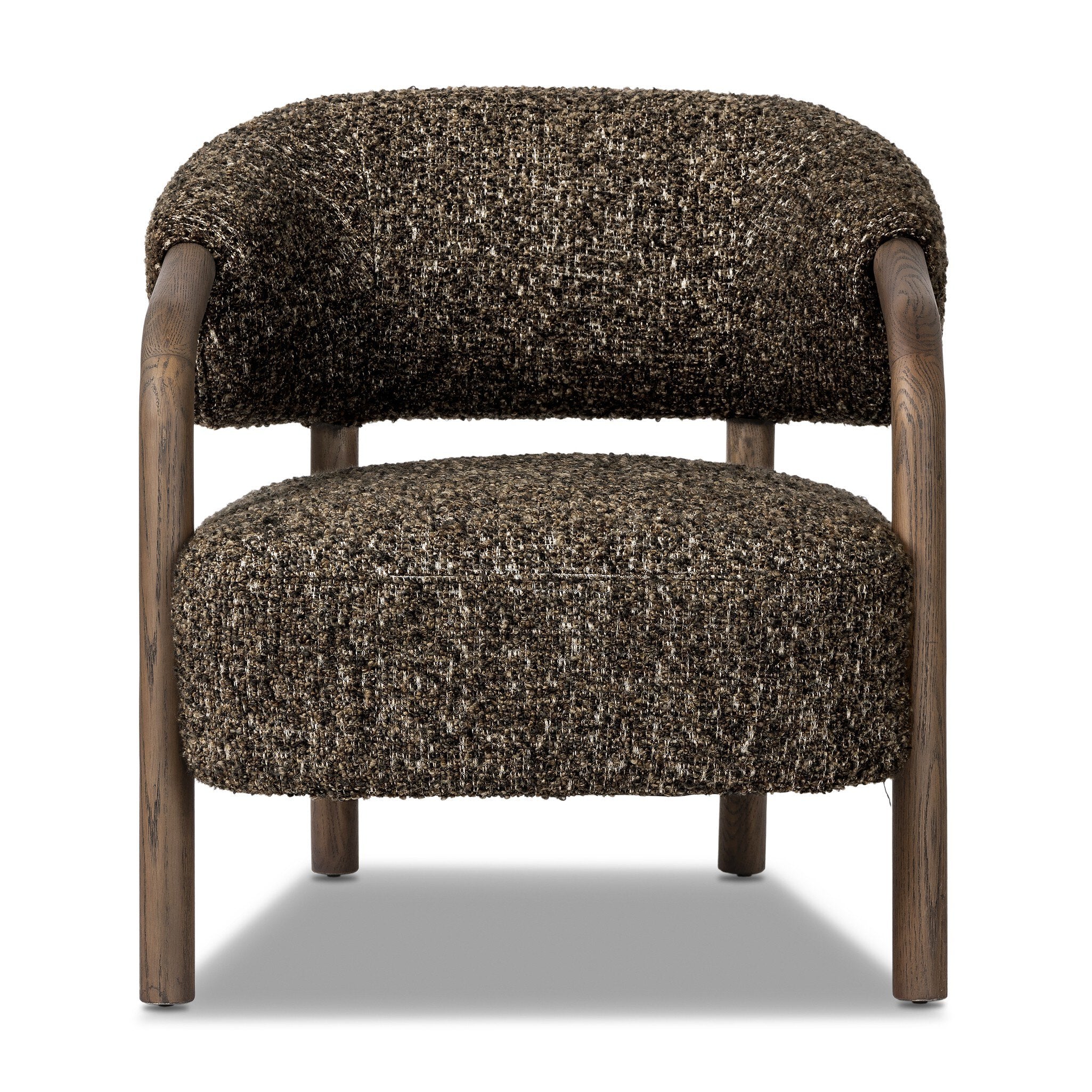 Chair with brown textured fabric and wooden frame on a white background