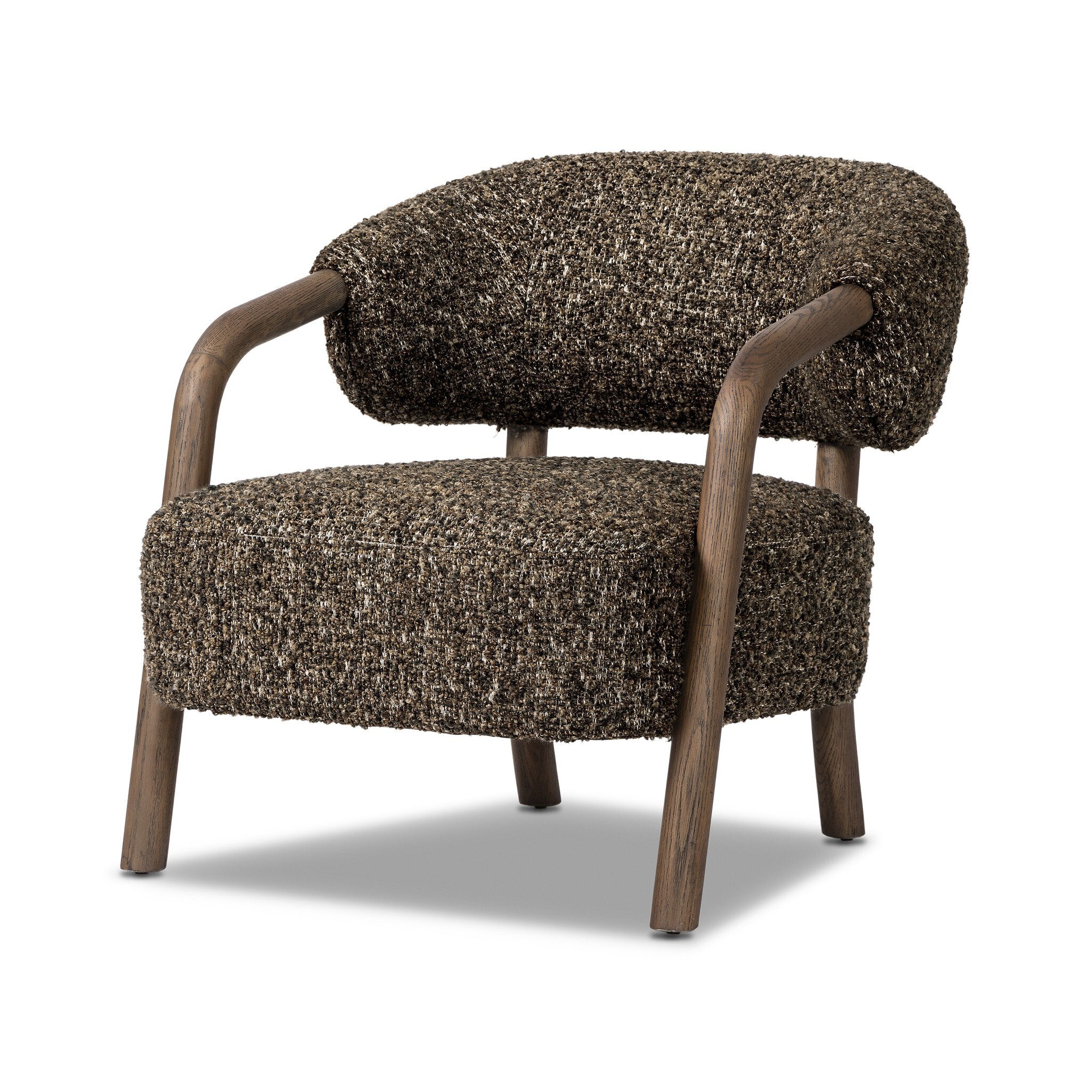 Brown textured armchair with wooden arms and legs on a white background