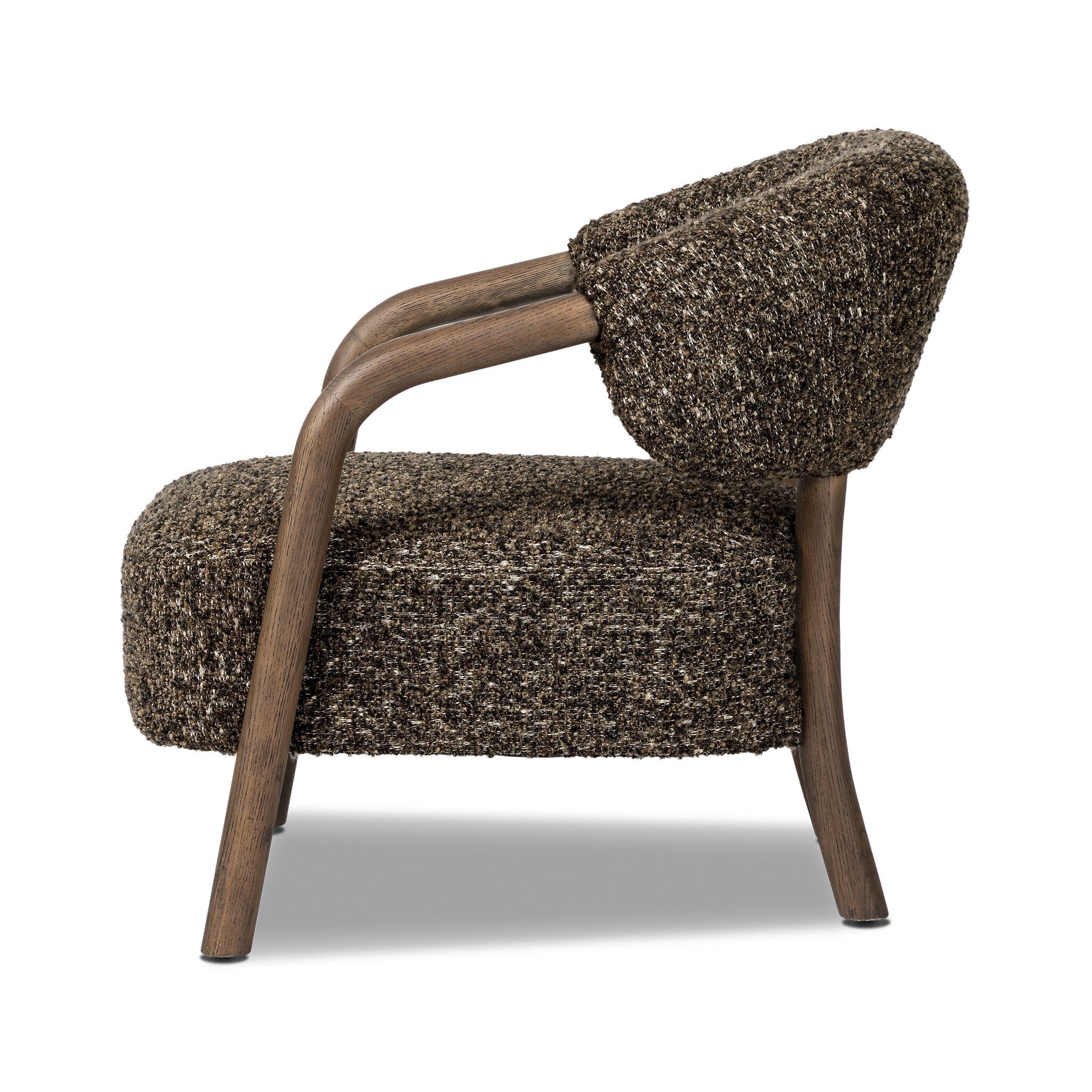 Brown textured armchair with wooden frame on a white background
