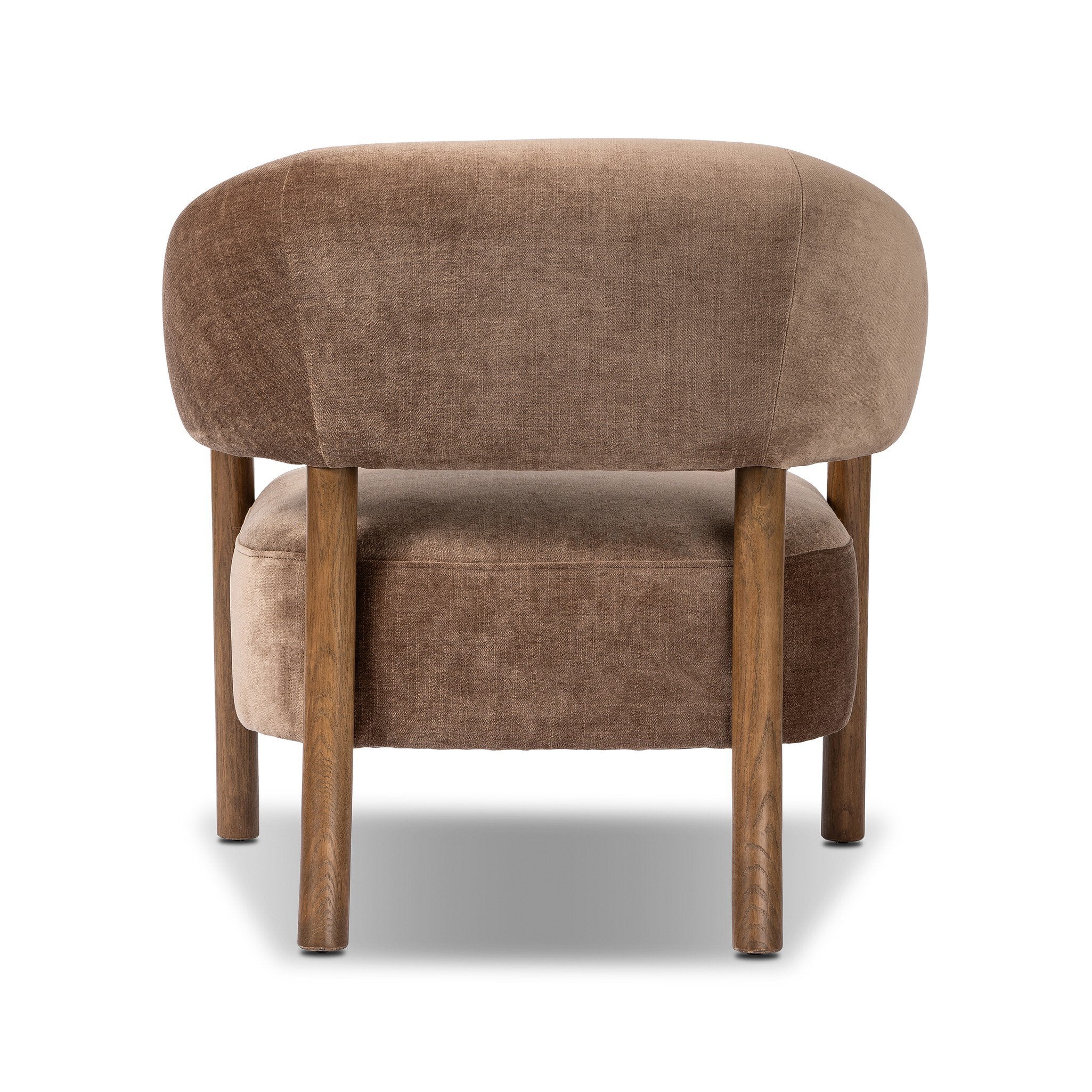 Brown upholstered chair with wooden legs on a white background