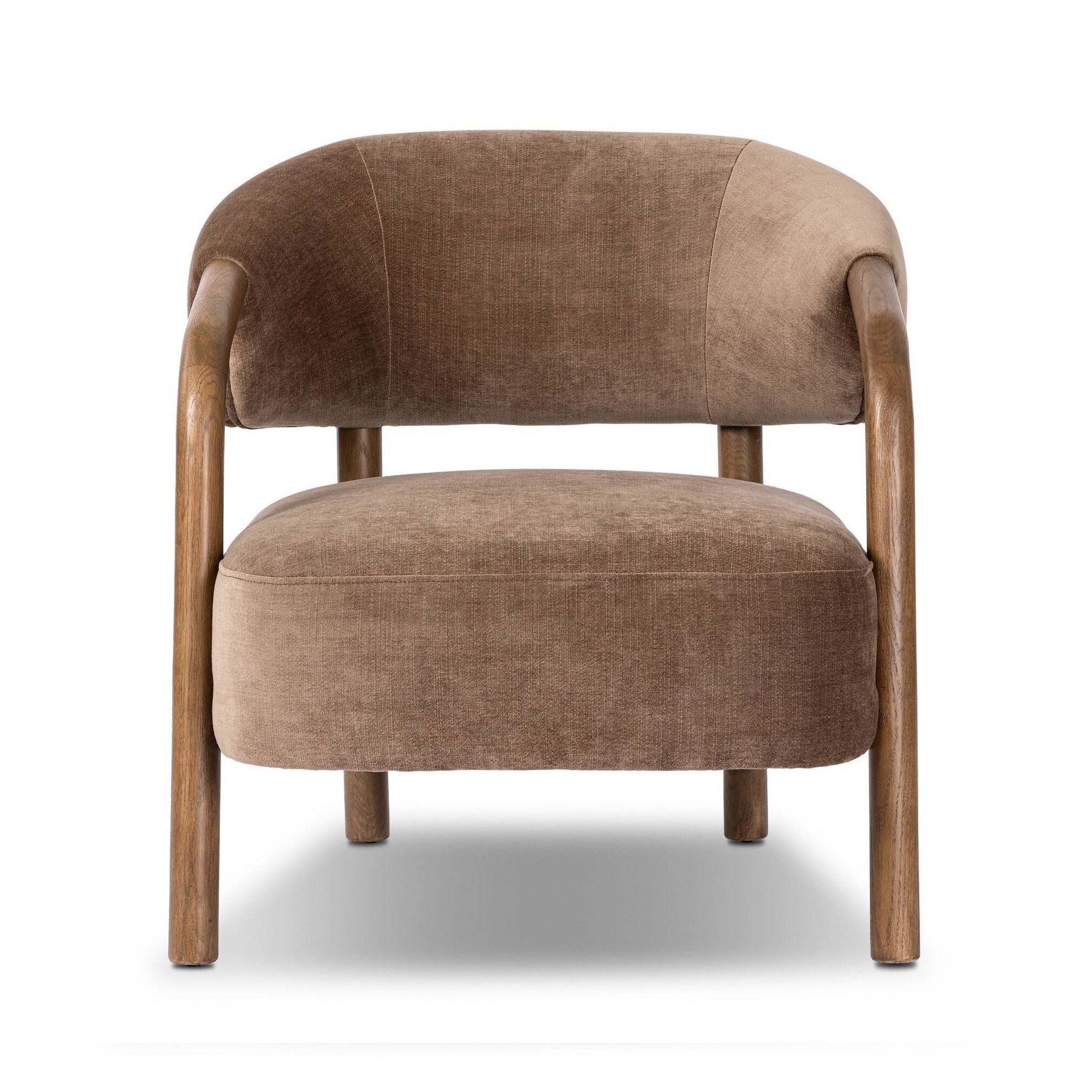 Brown upholstered chair with wooden armrests on a white background