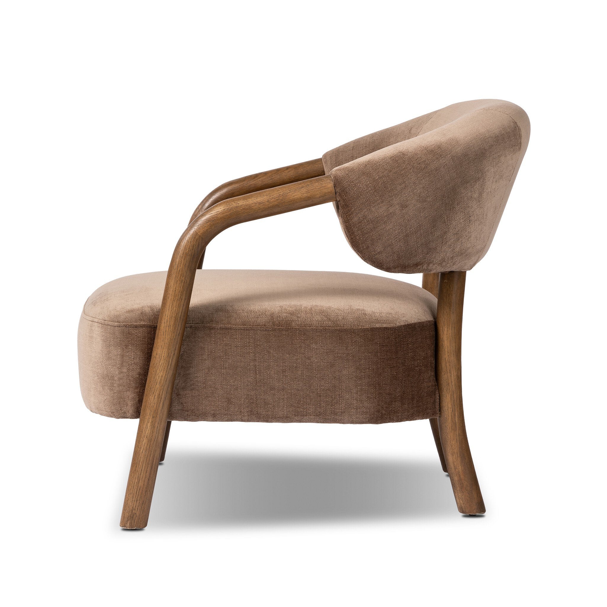 Brown armchair with wooden armrests on a white background