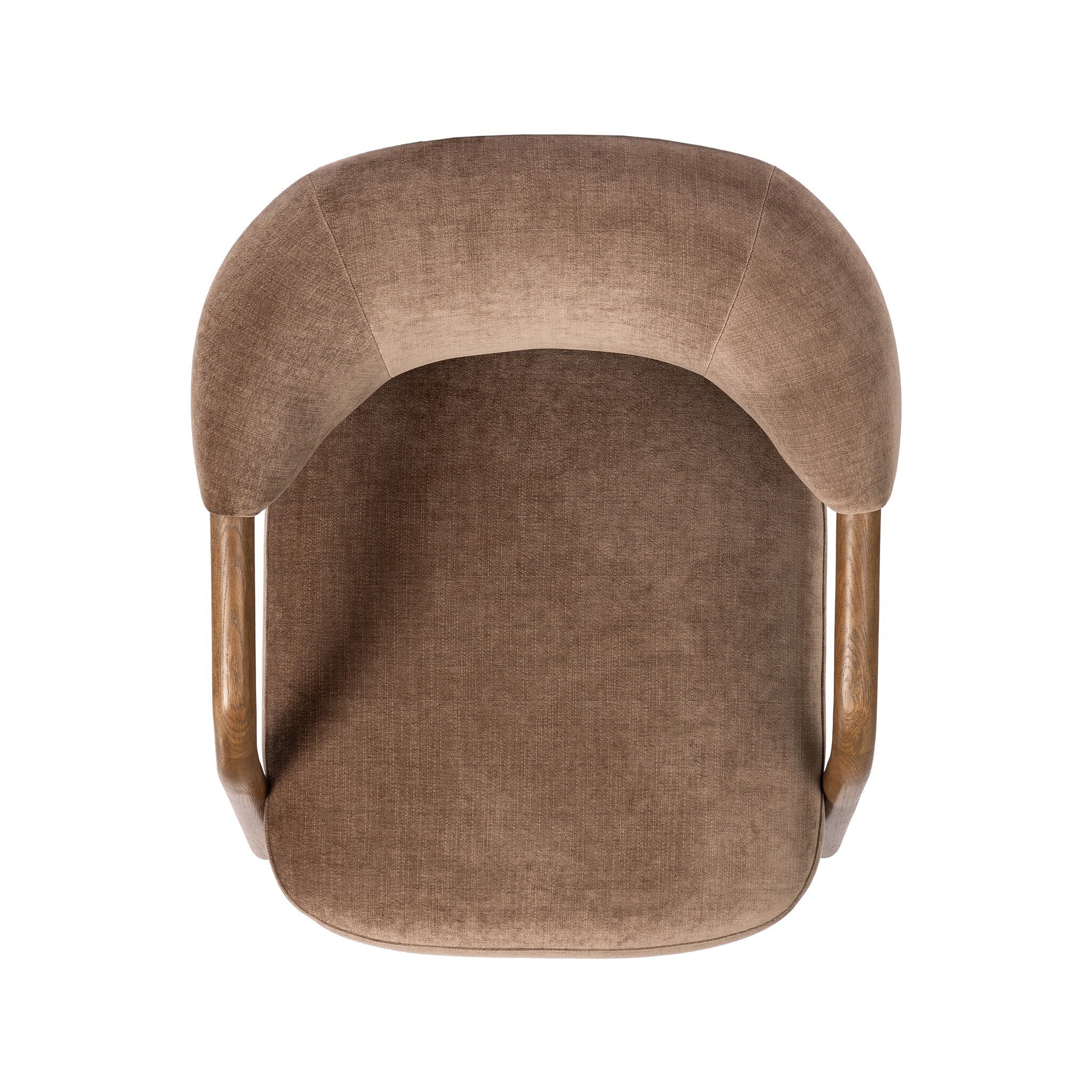 Brown upholstered chair with armrests on a white background