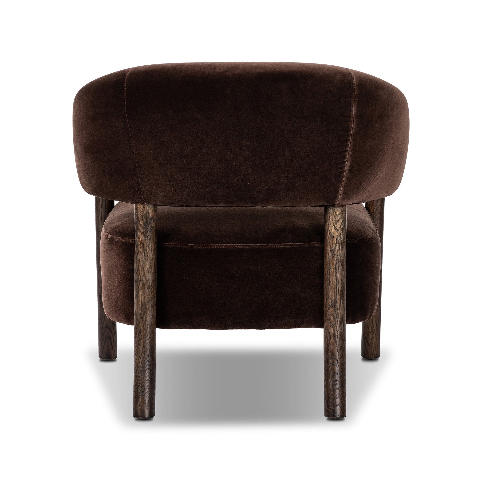 Brown upholstered chair with wooden legs on a white background