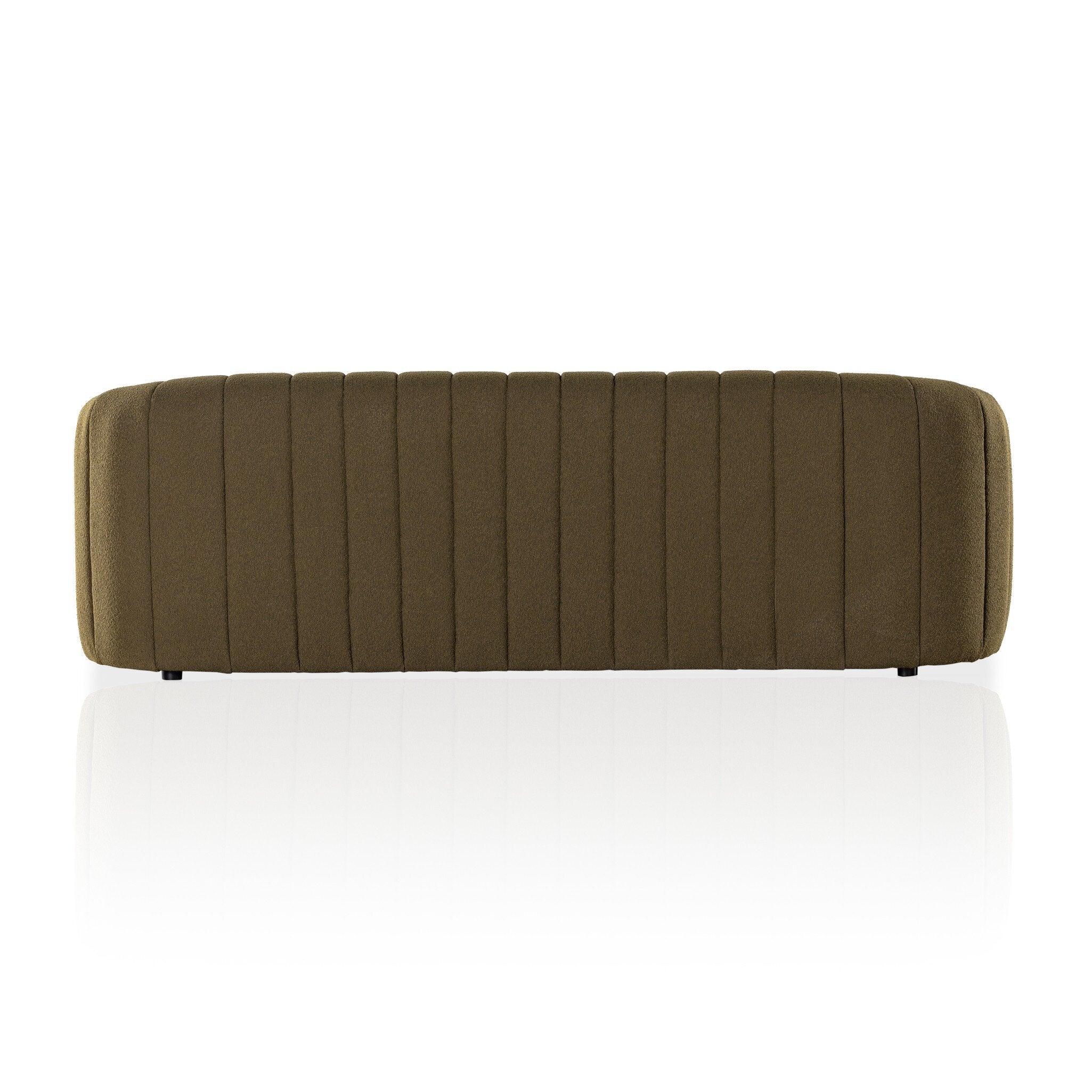 Back view of an olive channeled sofa