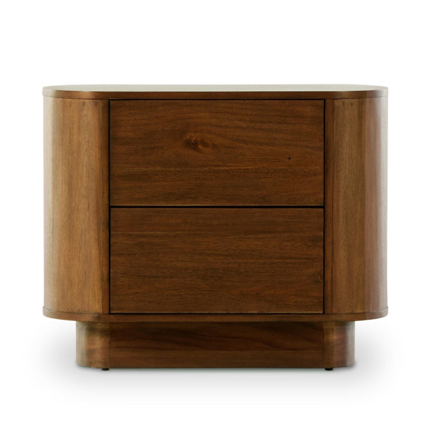 Wooden nightstand with two drawers on a white background