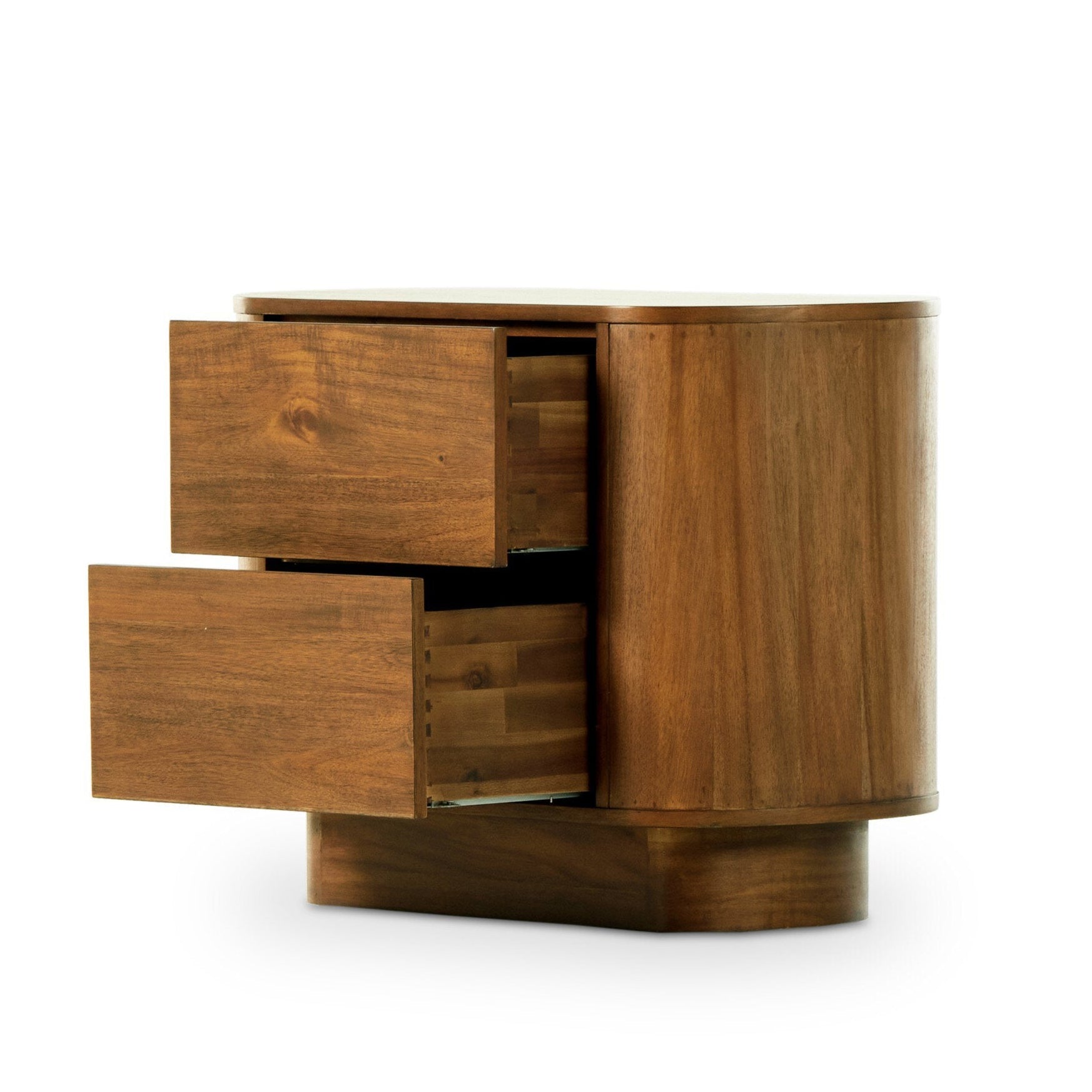 Wooden dresser with two drawers on a white background