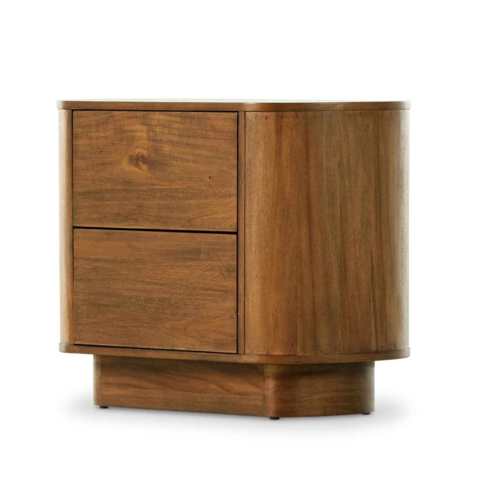 Wooden side table with two drawers on a white background
