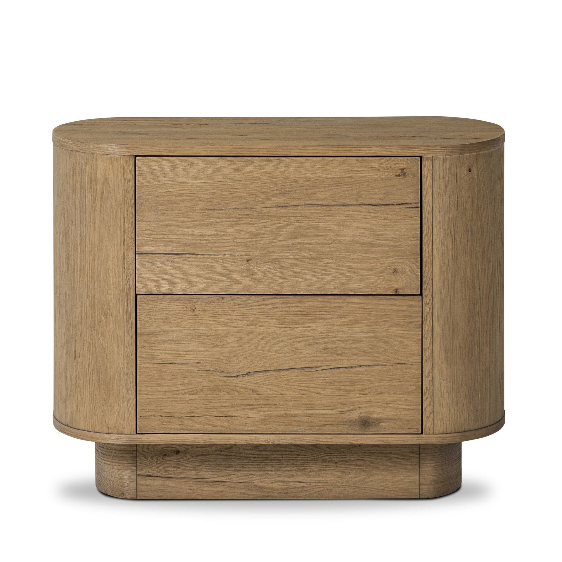Wooden side table with two drawers on a white background