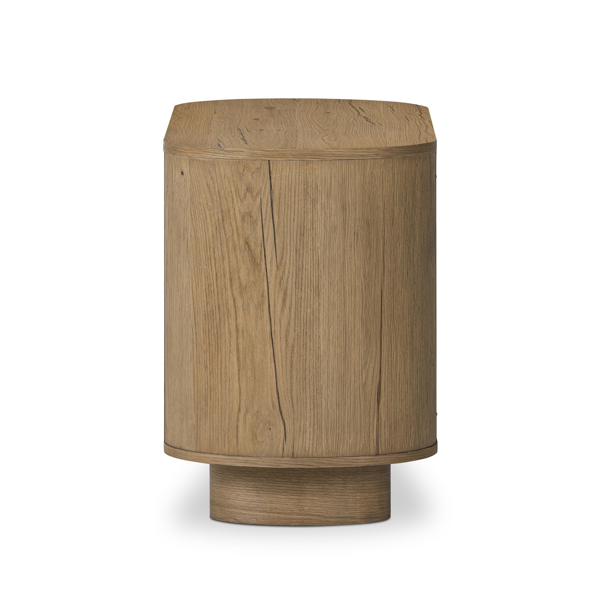 Wooden cylindrical side table on a white background