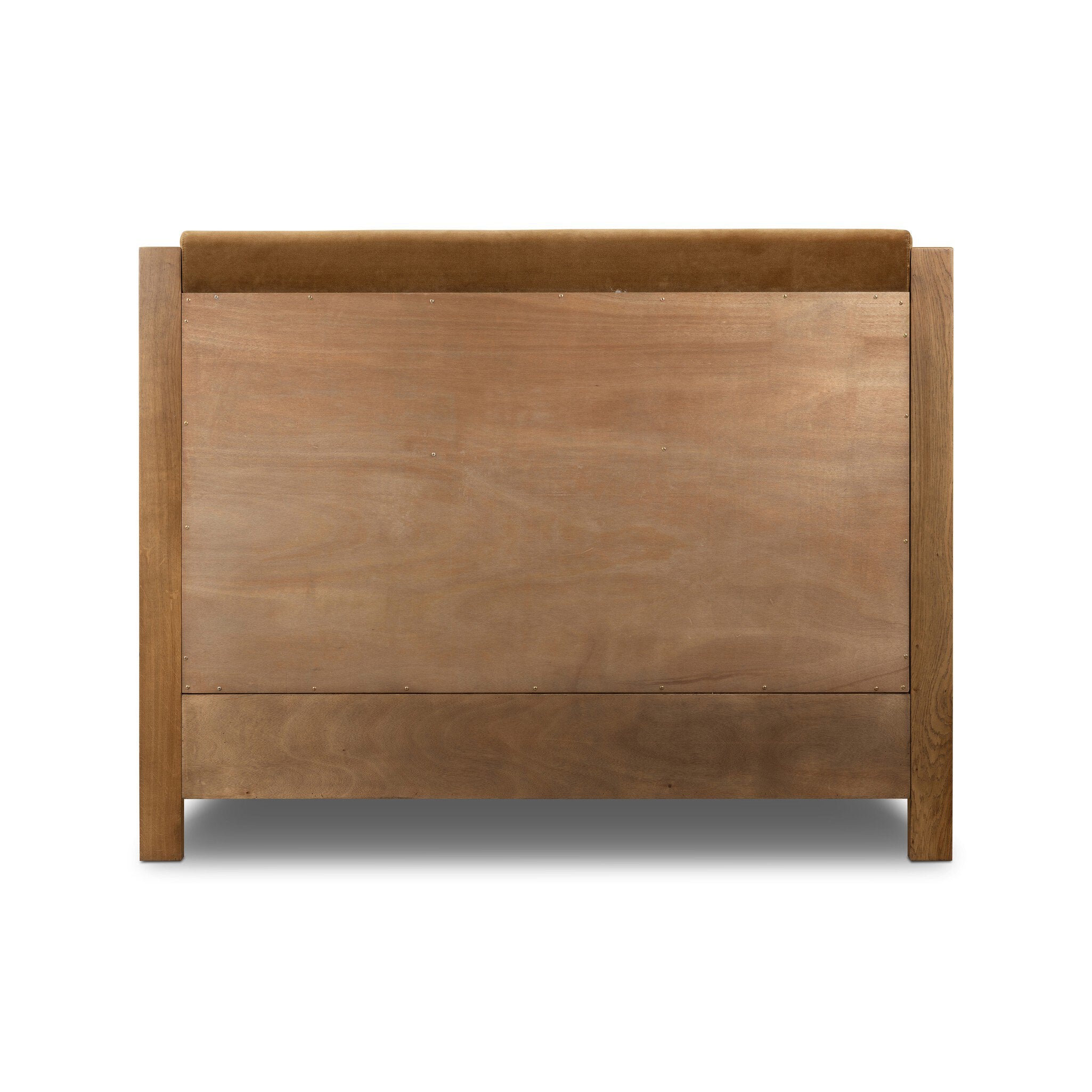 Back view of wooden headboard on a white background