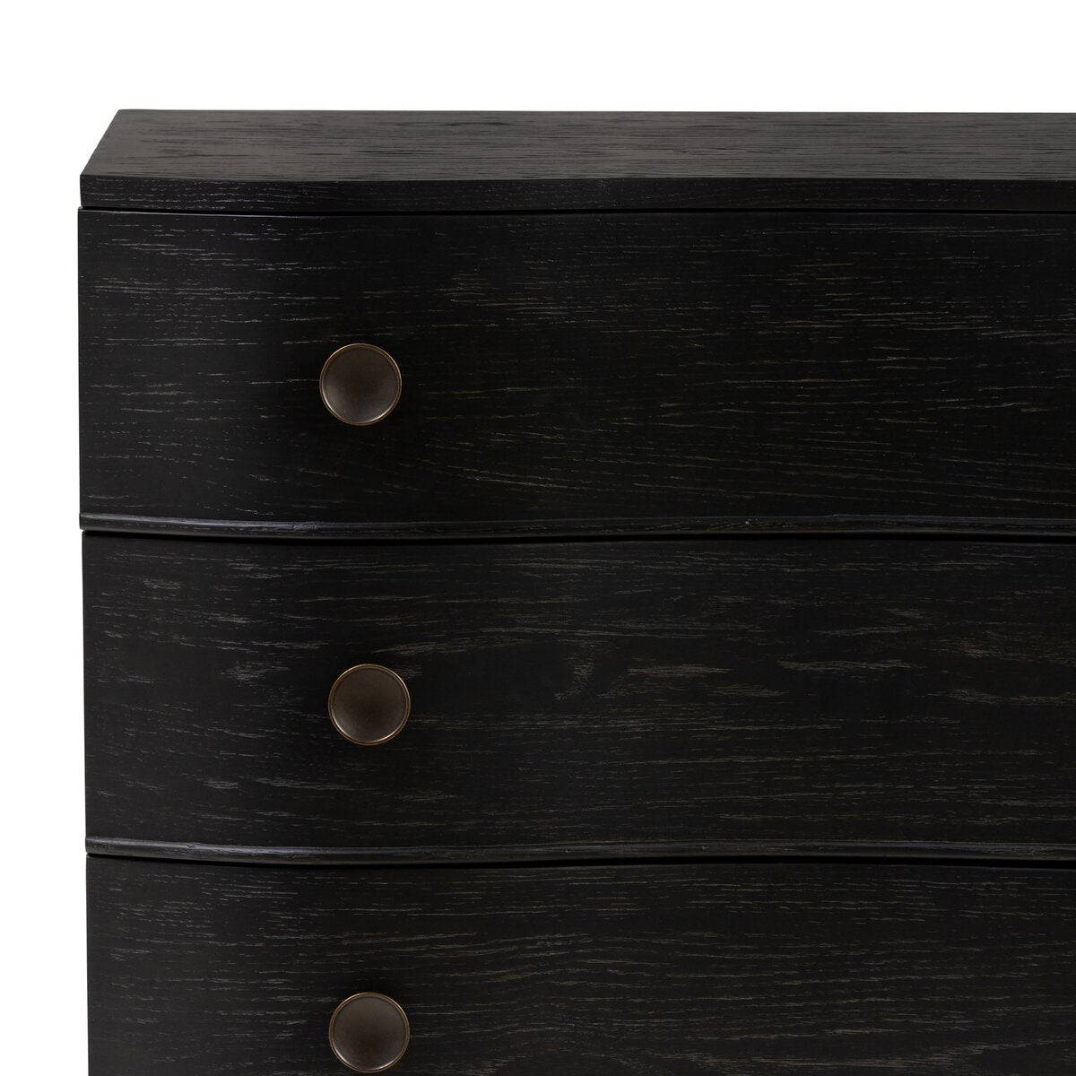 Dark wooden dresser with three drawers and brass knobs on a white background