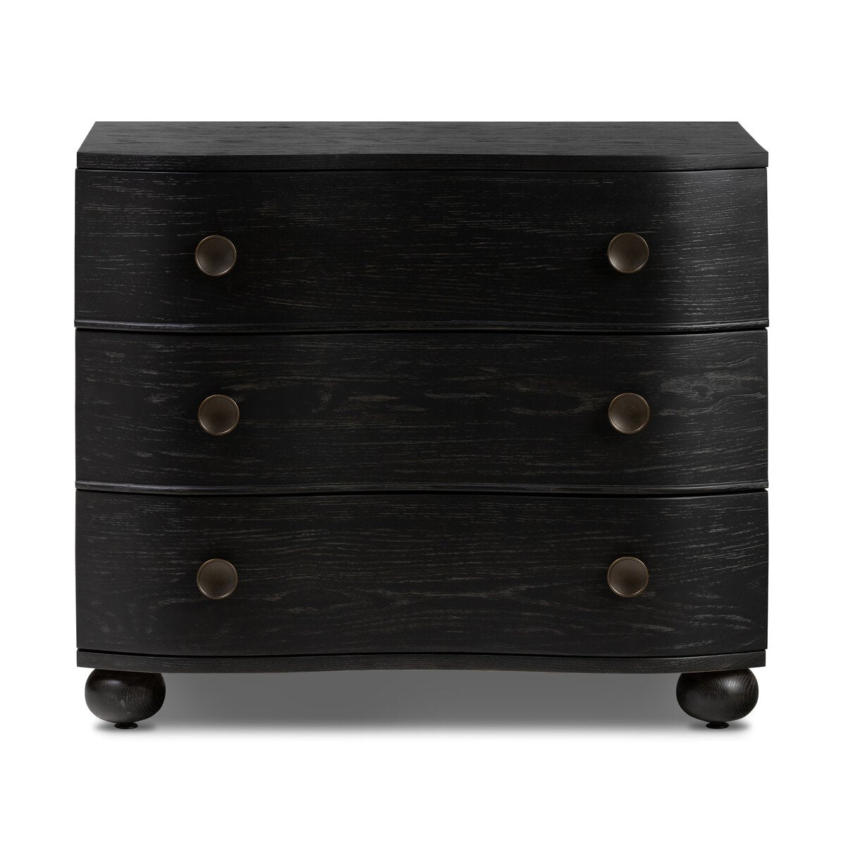 Dark wooden dresser with three drawers and round knobs on a white background