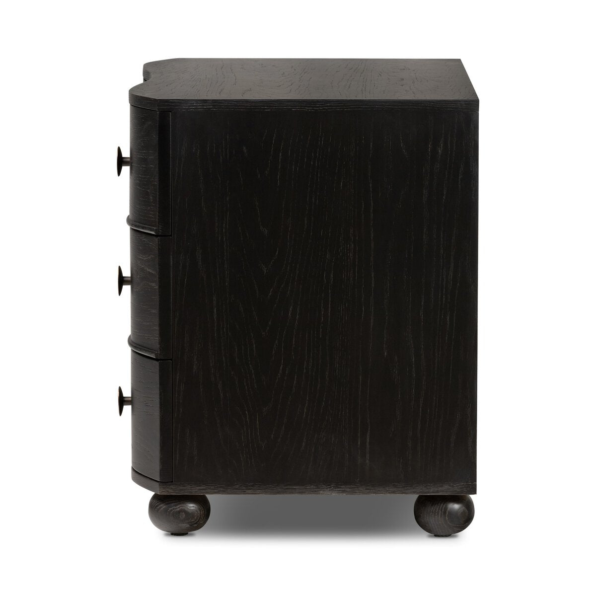 Black wooden side table with wheels on a white background
