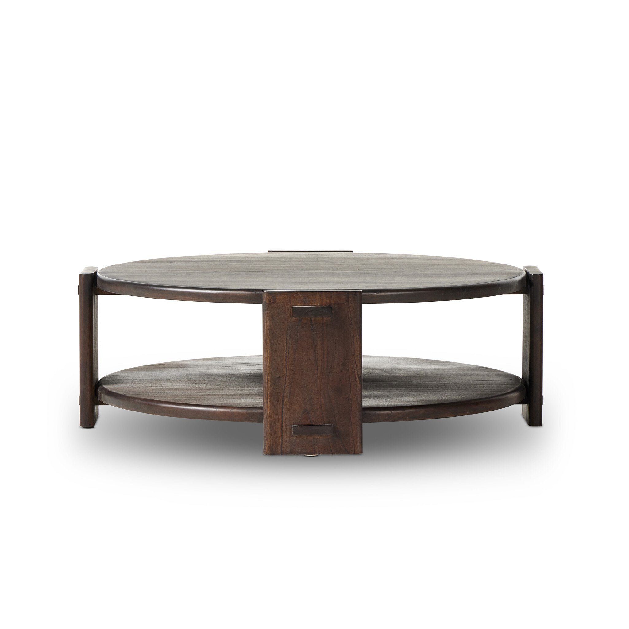 Round wooden coffee table with dark brown finish on a white background