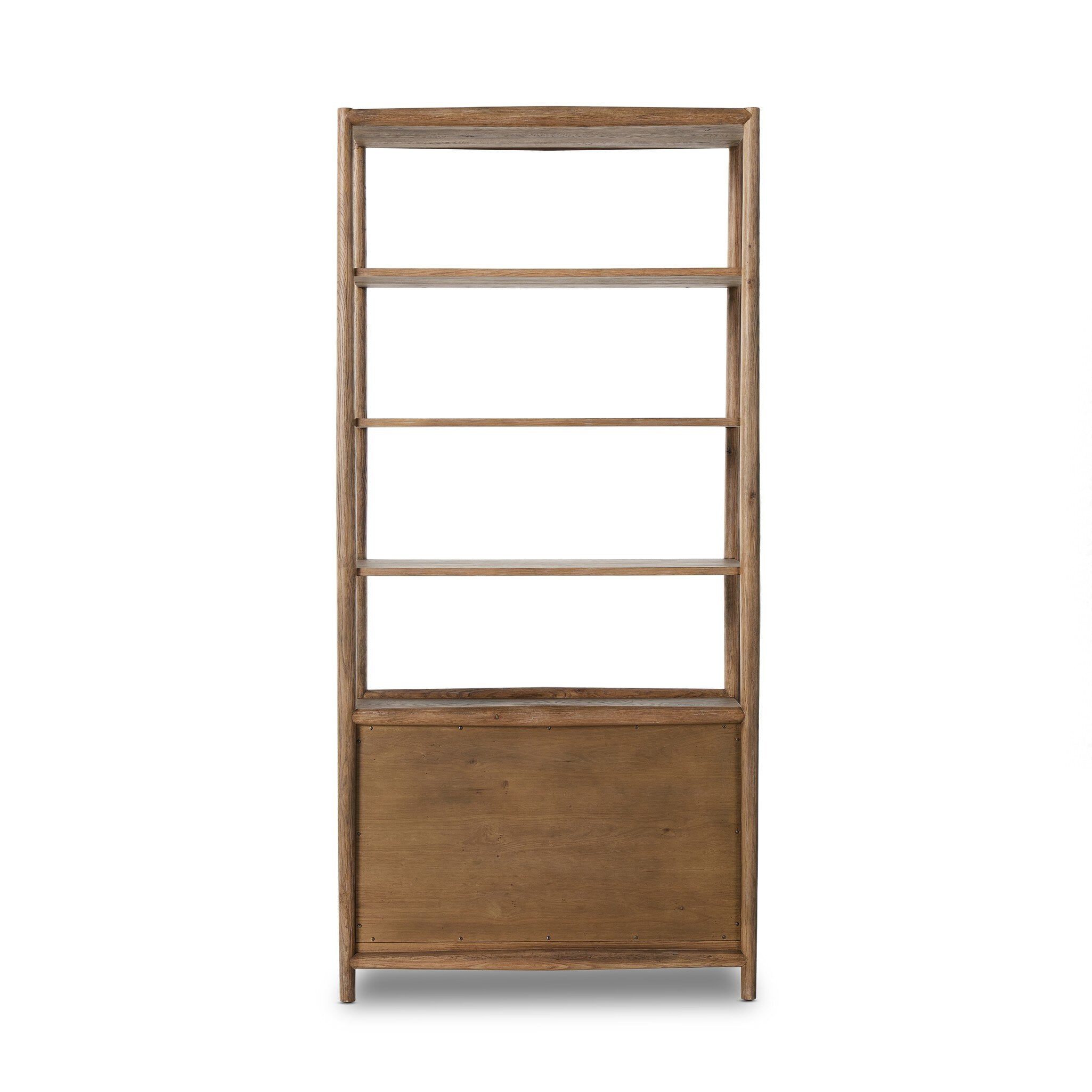 Wooden bookshelf with four shelves on a white background